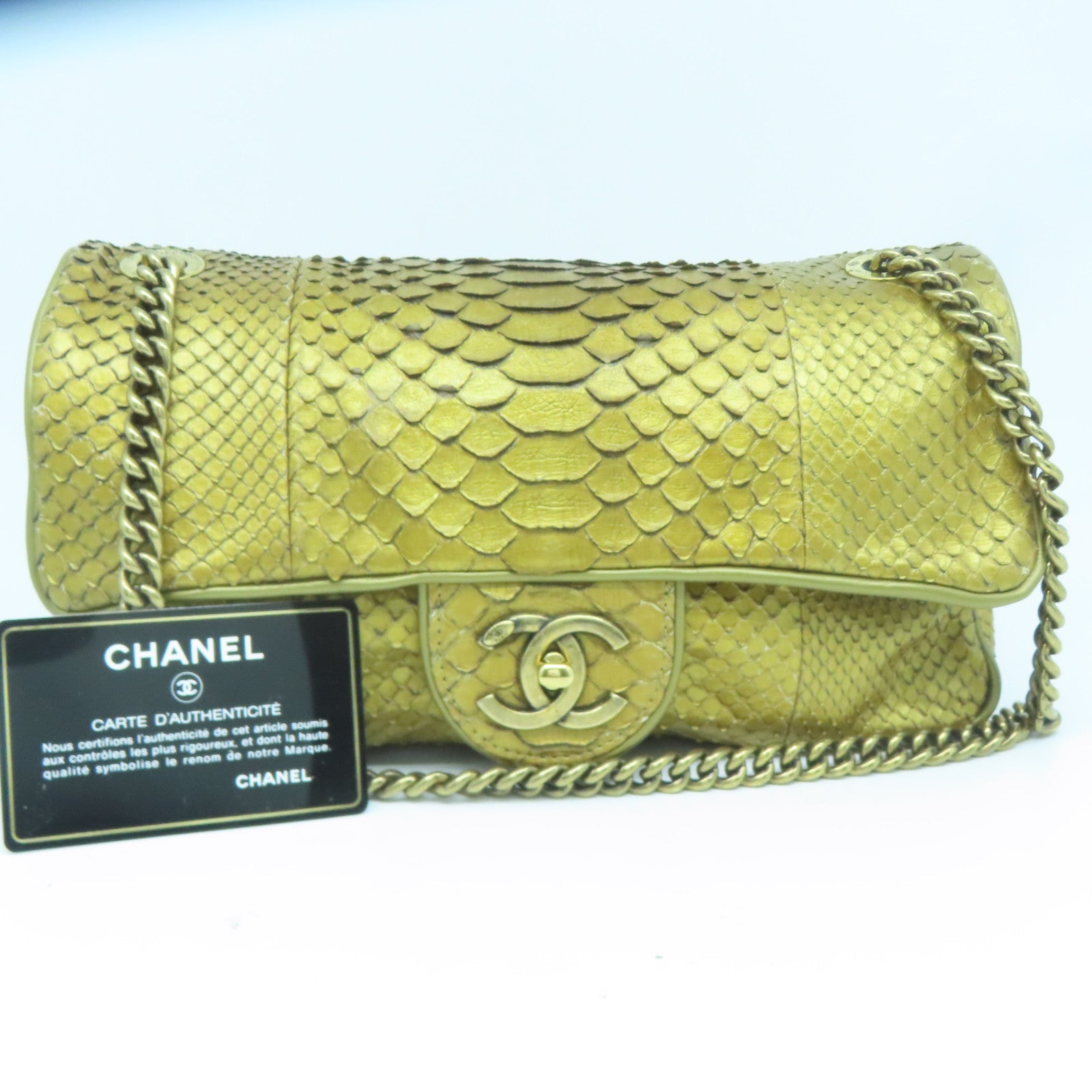 CHANEL 【清倉大減價】蛇皮皮革Chain Shoulder金扣鏈帶肩背袋金色