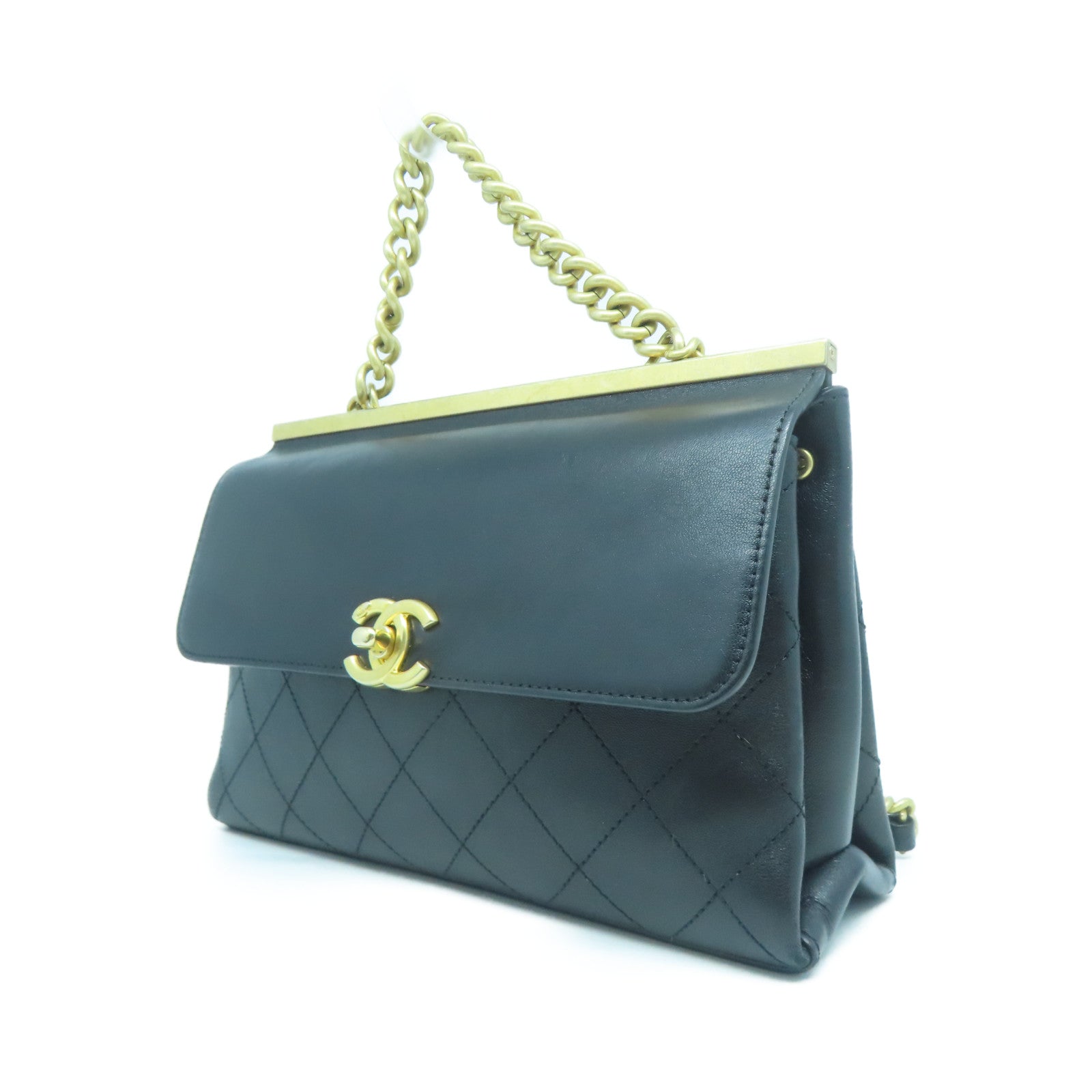 CHANEL 【清倉大減價】菱格牛皮皮革Chain Shoulder金扣手挽肩背兩用袋黑色