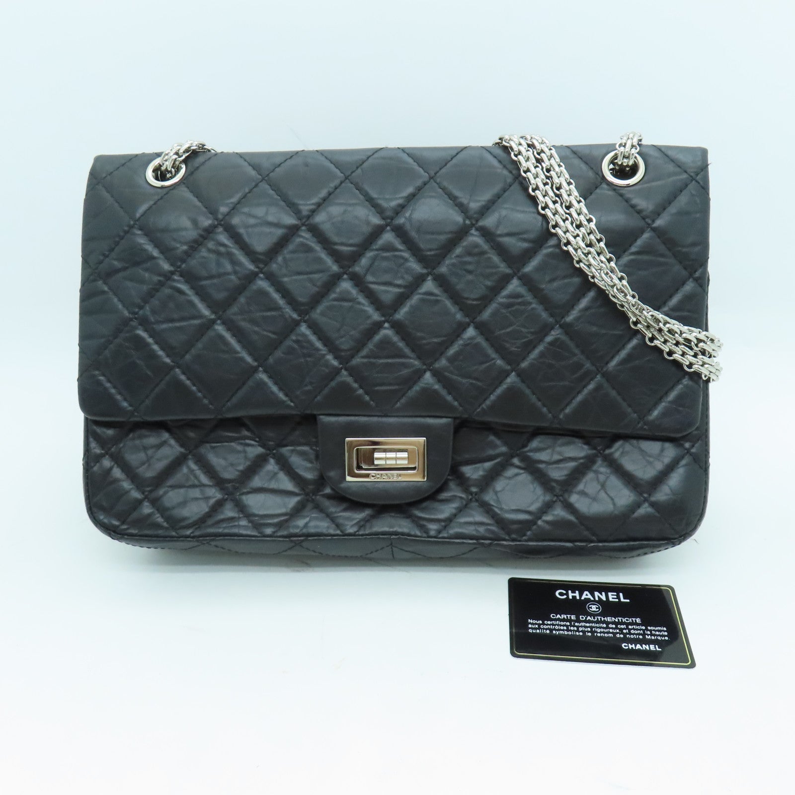 CHANEL 【清倉大減價】牛皮皮革2.55銀扣手挽肩背兩用袋黑色