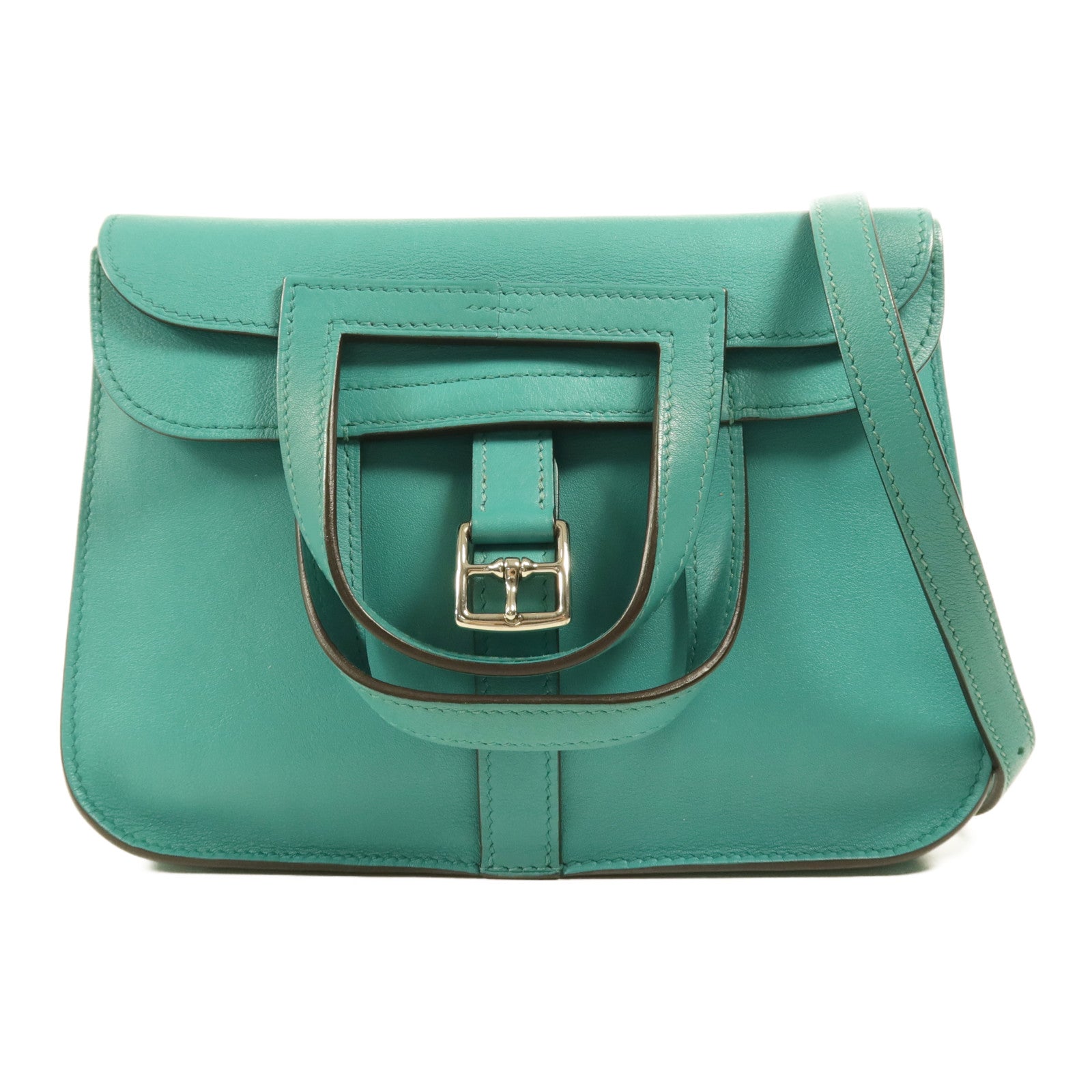 HERMES 【激減優惠】Swift皮革Halzan Mini銀扣鏈帶肩背袋Bleu Paon
