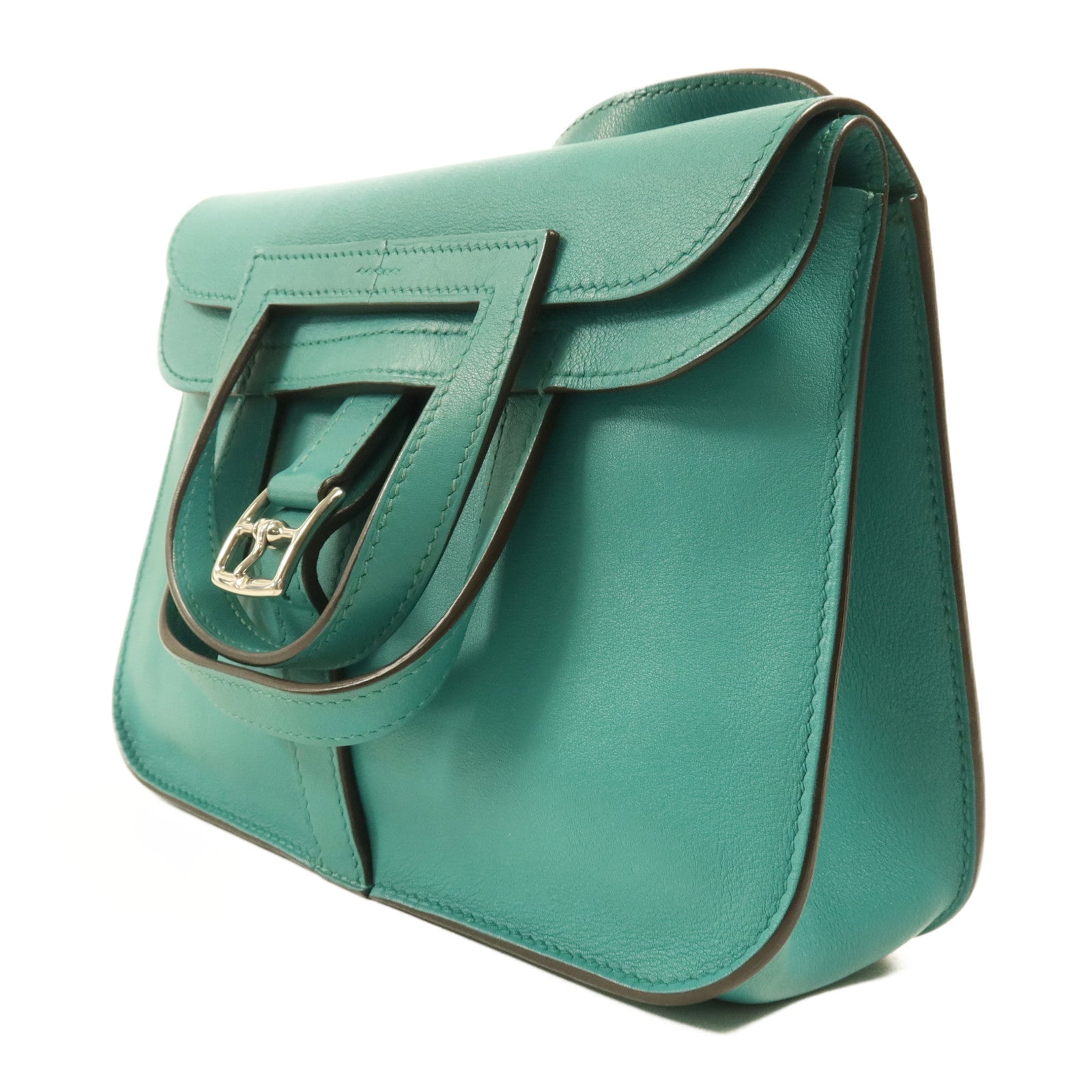 HERMES Swift皮革Halzan Mini銀扣鏈帶肩背袋Bleu Paon