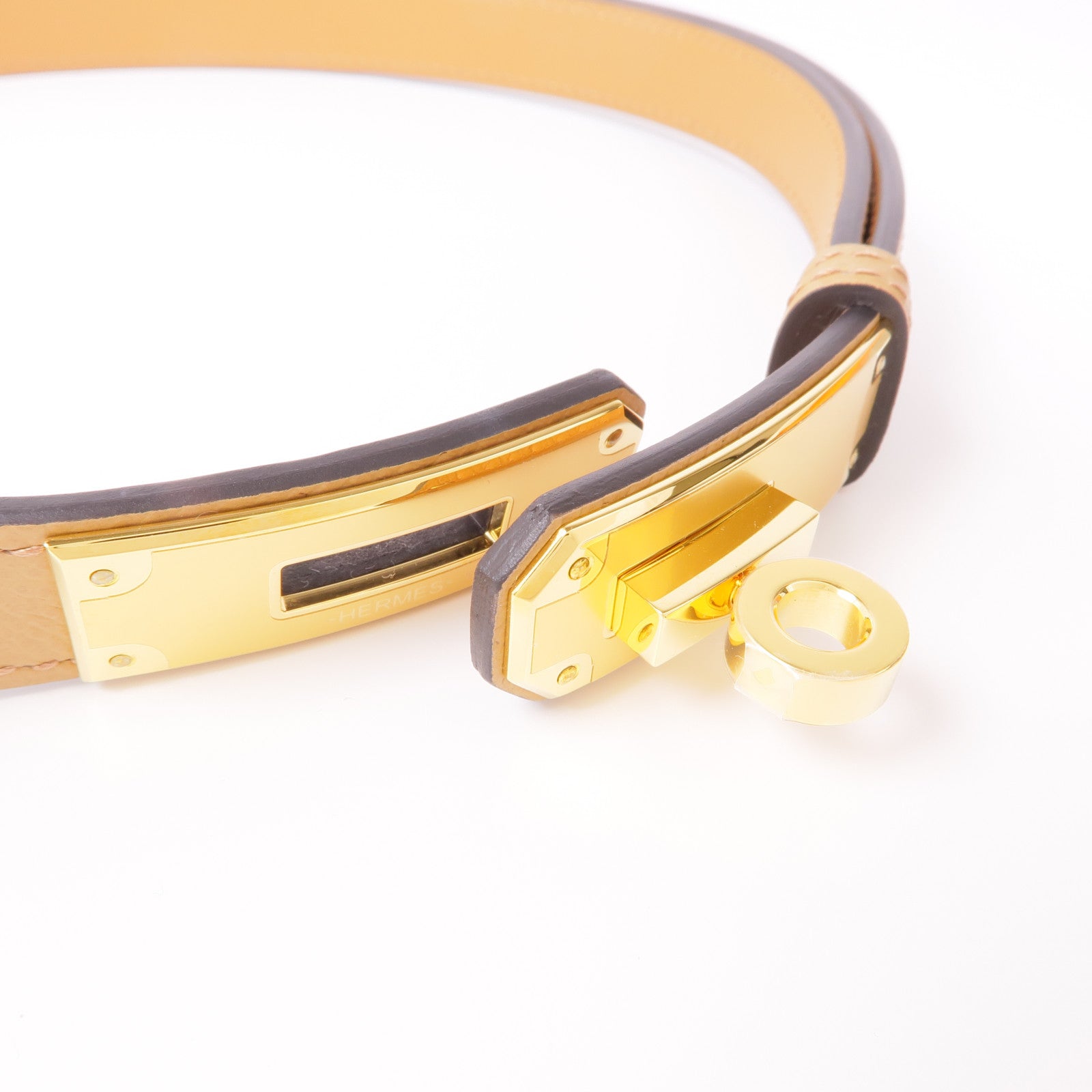 HERMES Epsom皮革Kelly 18 Belt金扣皮帶37 Gold