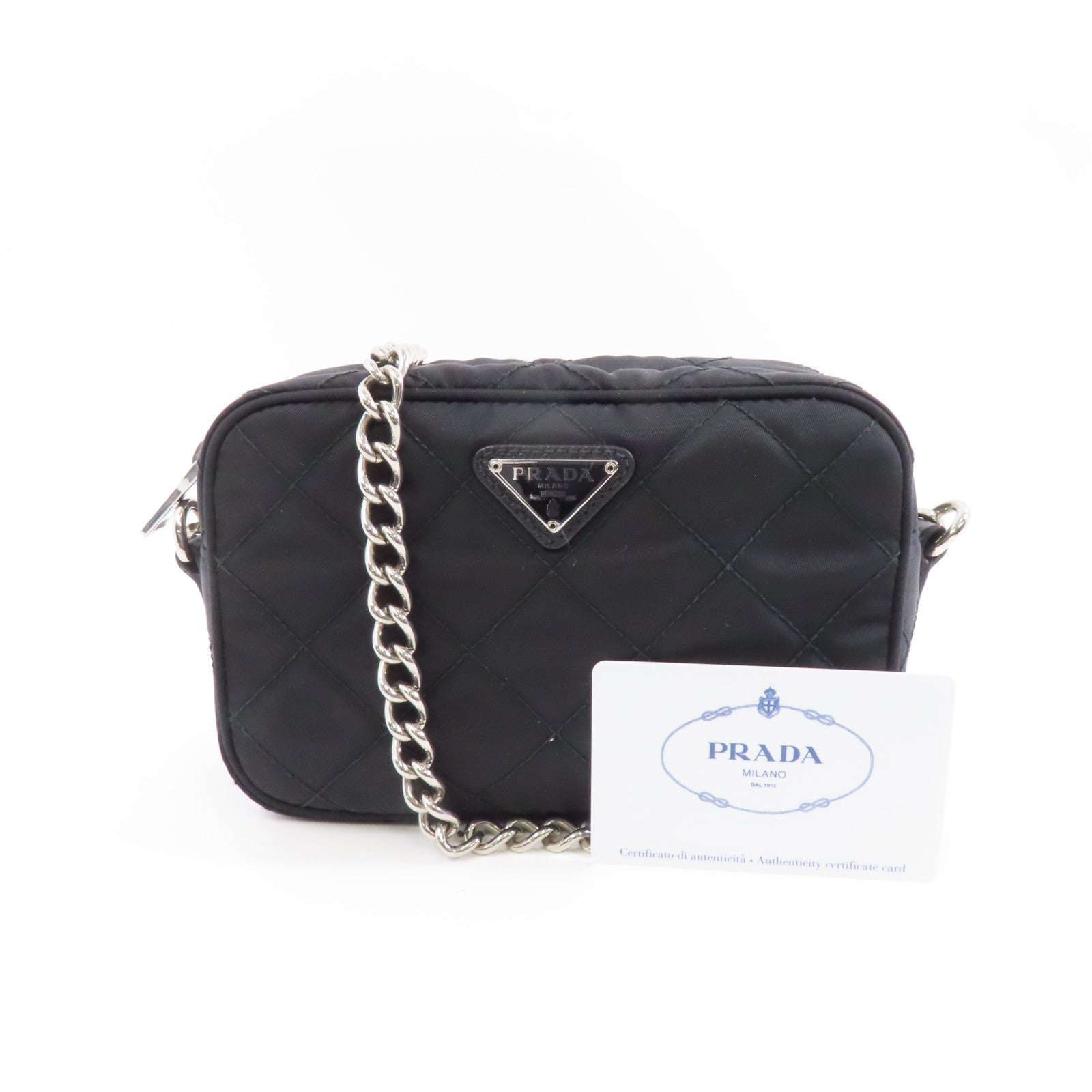 PRADA 尼龍Chain Shoulder銀扣鏈帶肩背袋黑色