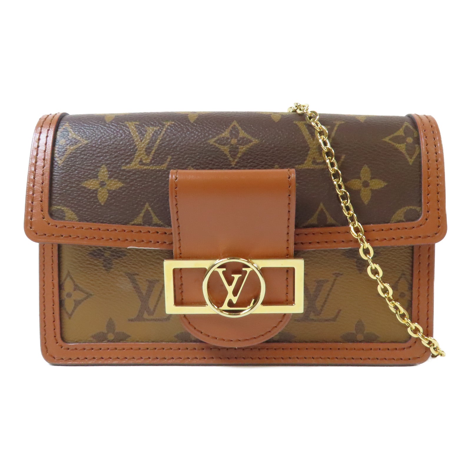 LOUIS VUITTON Monogram/Monogram Reverse Dauphine Chain Wallet金扣鍊帶肩背袋啡色