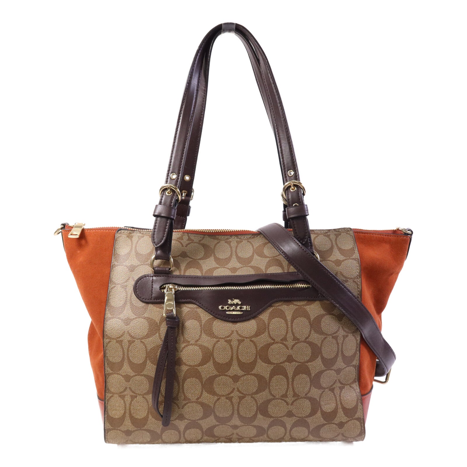 COACH 塗層帆布/麂皮皮革2 Way Shoulder Bag金扣手挽肩背兩用袋