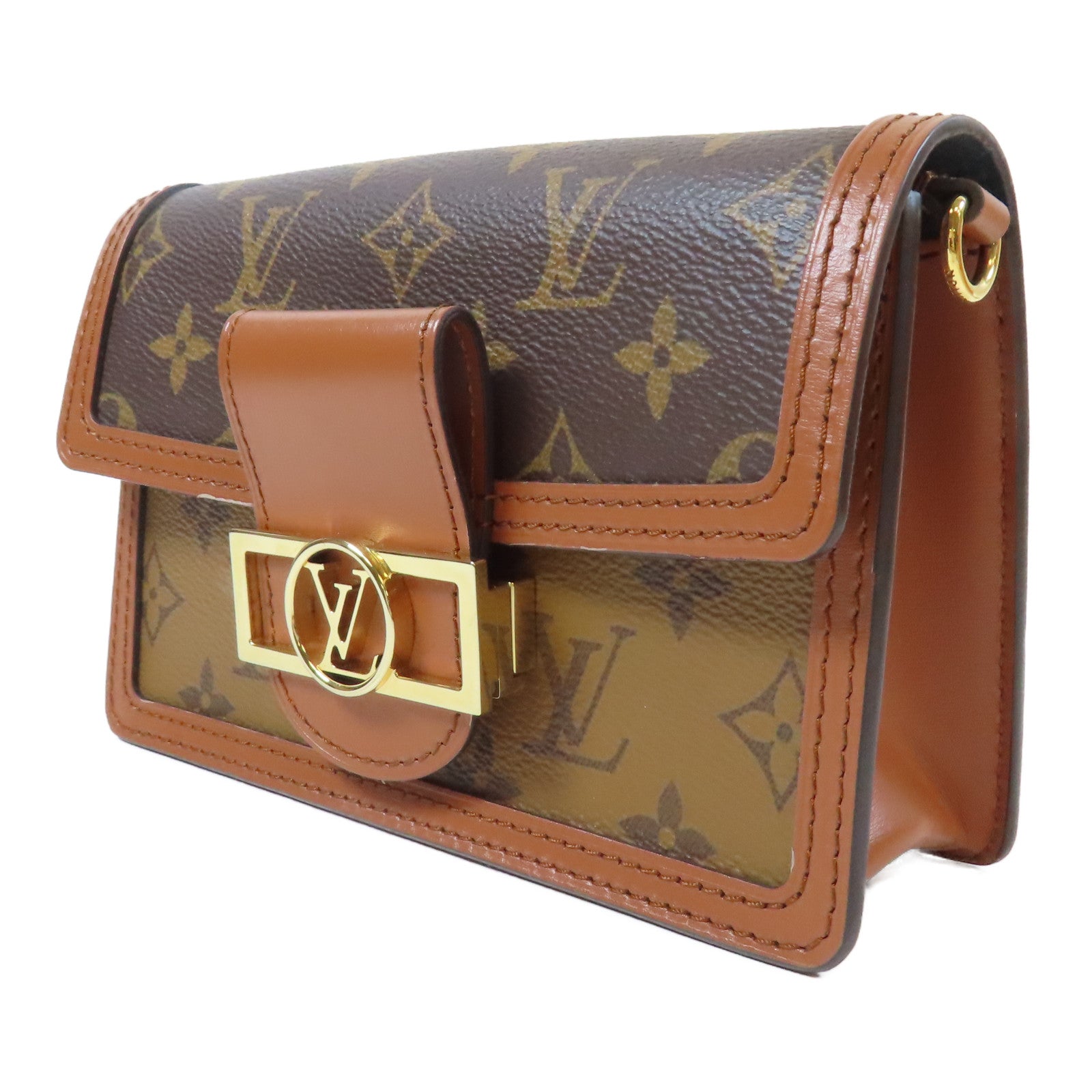 LOUIS VUITTON Monogram/Monogram Reverse Dauphine Chain Wallet金扣鍊帶肩背袋啡色