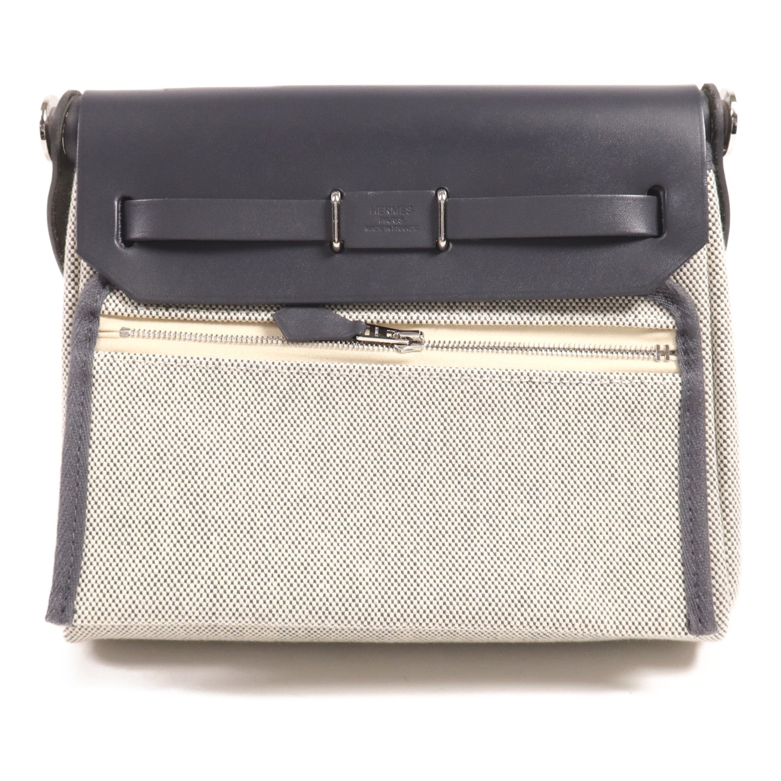 HERMES 帆布/皮革Mini Herbag銀扣肩背袋Ardoise