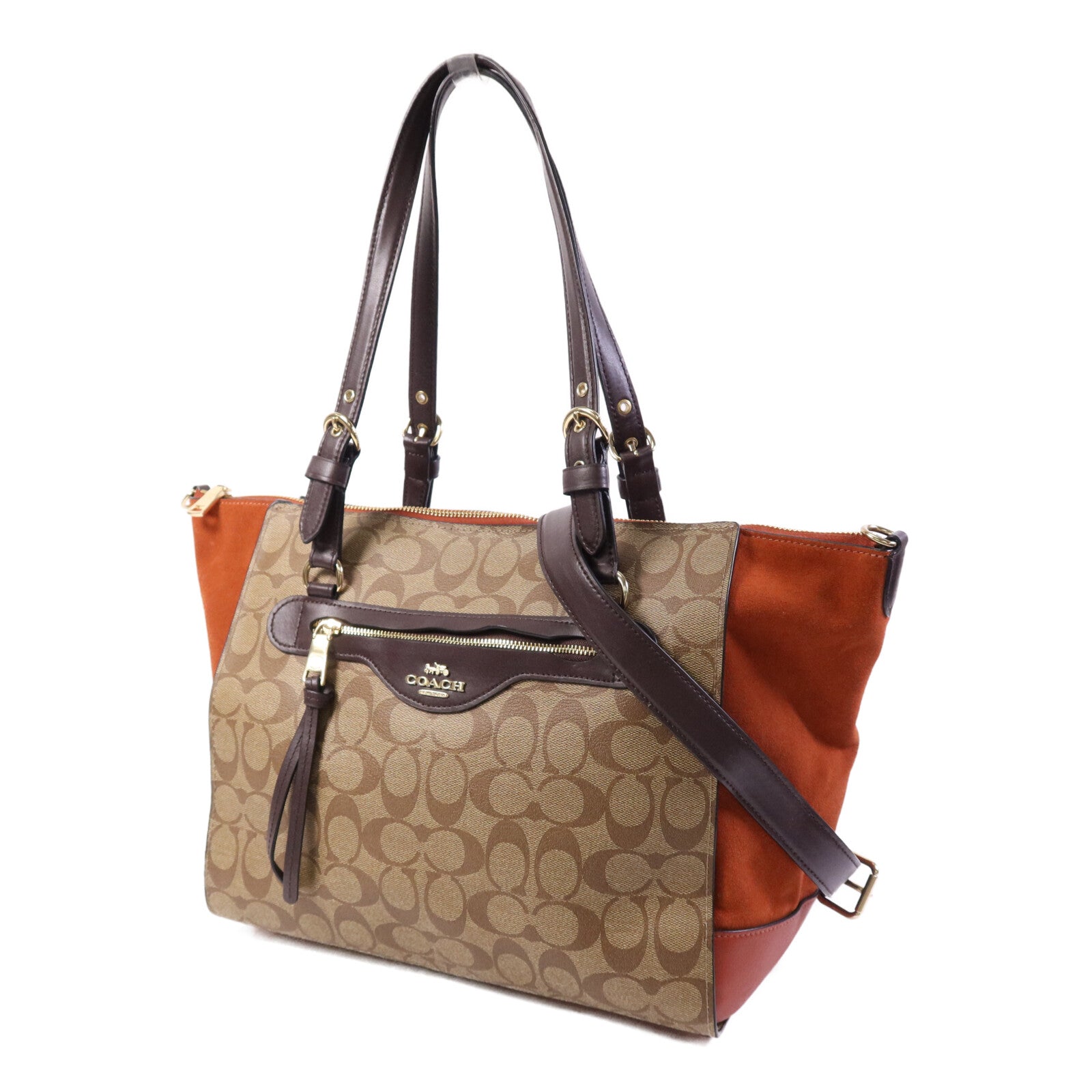 COACH 塗層帆布/麂皮皮革2 Way Shoulder Bag金扣手挽肩背兩用袋