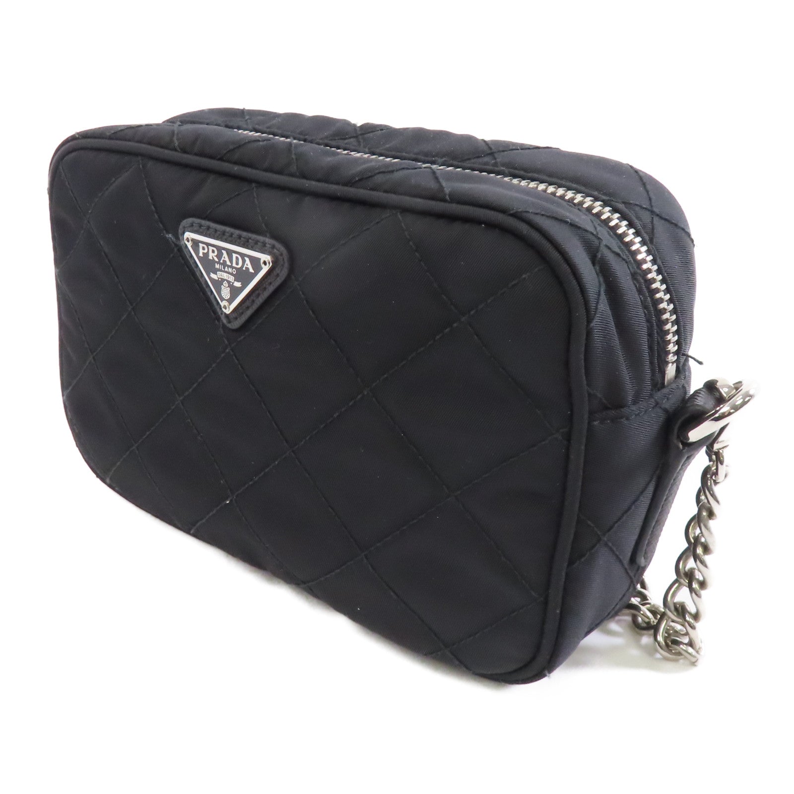 PRADA 尼龍Chain Shoulder銀扣鏈帶肩背袋黑色