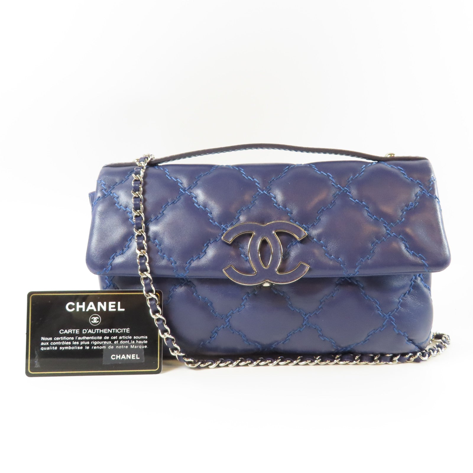 CHANEL 【激減優惠】菱格羊皮皮革Chain Shoulder銀扣鏈帶肩背袋藍色