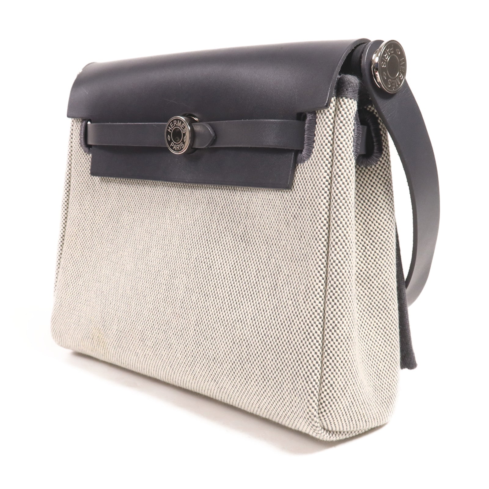HERMES 帆布/皮革Mini Herbag銀扣肩背袋Ardoise