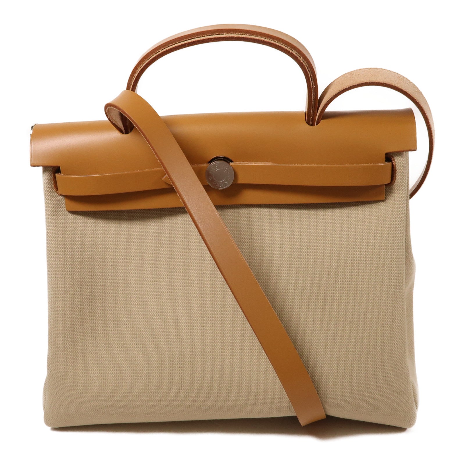 HERMES 帆布/皮革Herbag PM銀扣手挽肩背兩用袋Beton