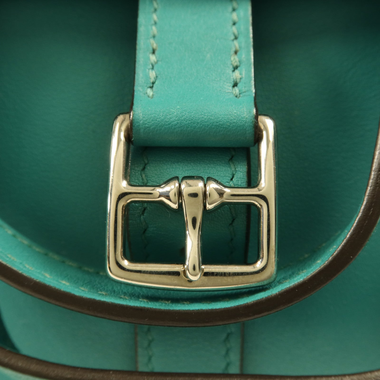 HERMES Swift皮革Halzan Mini銀扣鏈帶肩背袋Bleu Paon