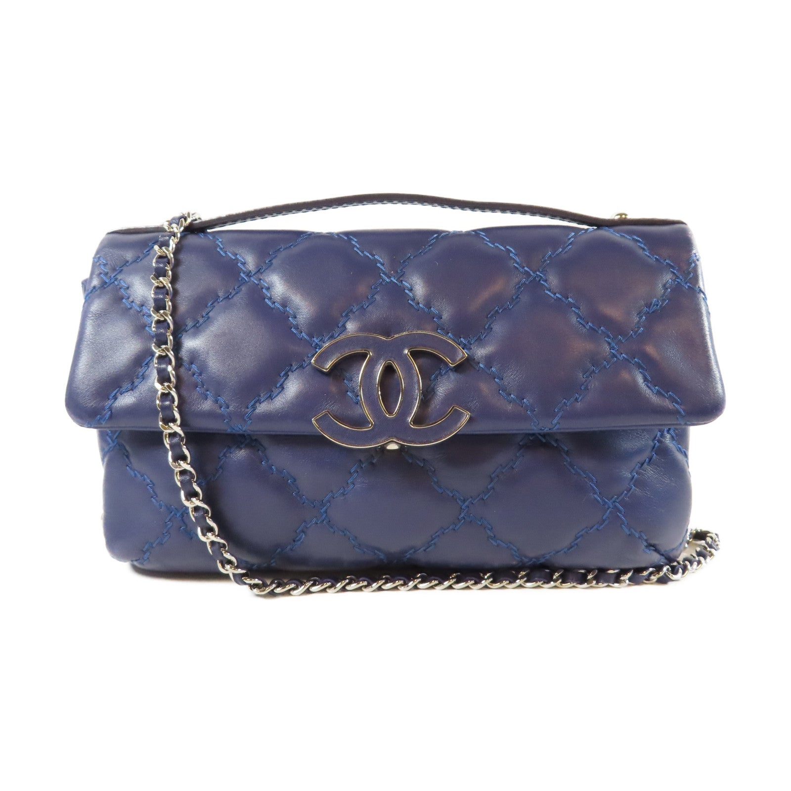 CHANEL 【激減優惠】菱格羊皮皮革Chain Shoulder銀扣鏈帶肩背袋藍色
