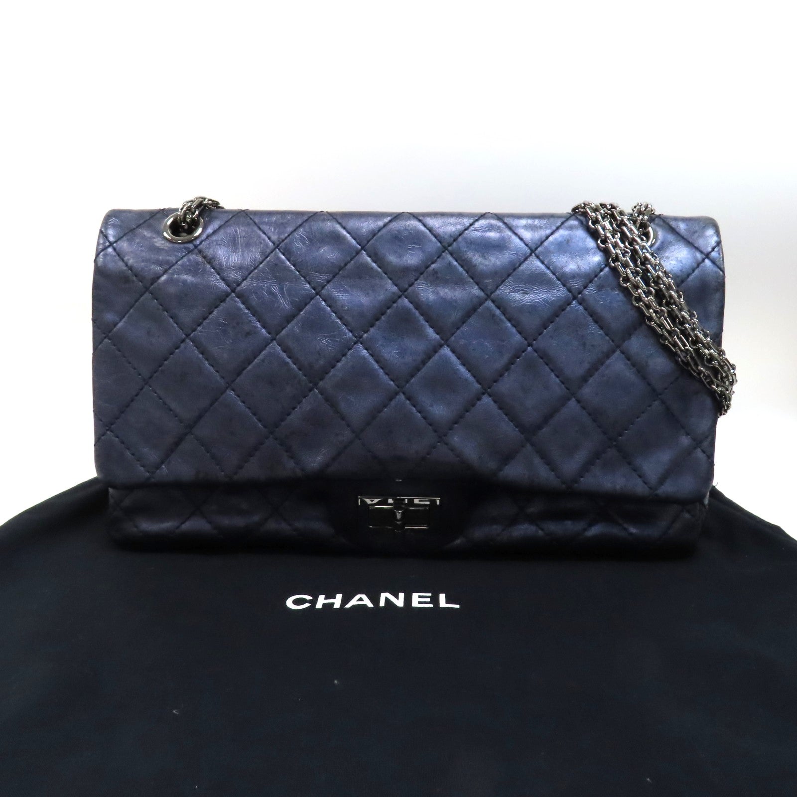 CHANEL 【激減優惠】菱格牛皮皮革2.55銀扣鏈帶肩背袋藍色