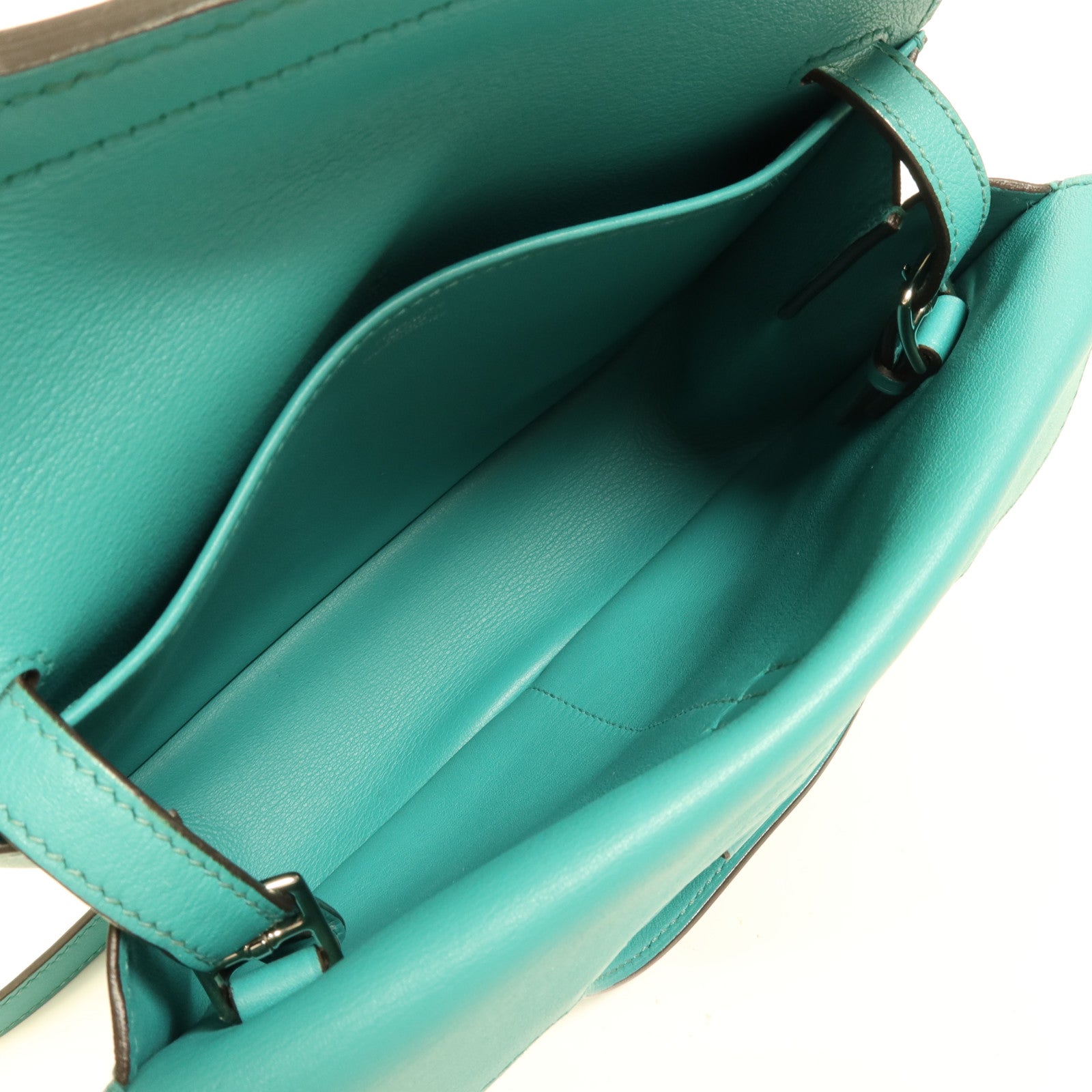 HERMES Swift皮革Halzan Mini銀扣鏈帶肩背袋Bleu Paon