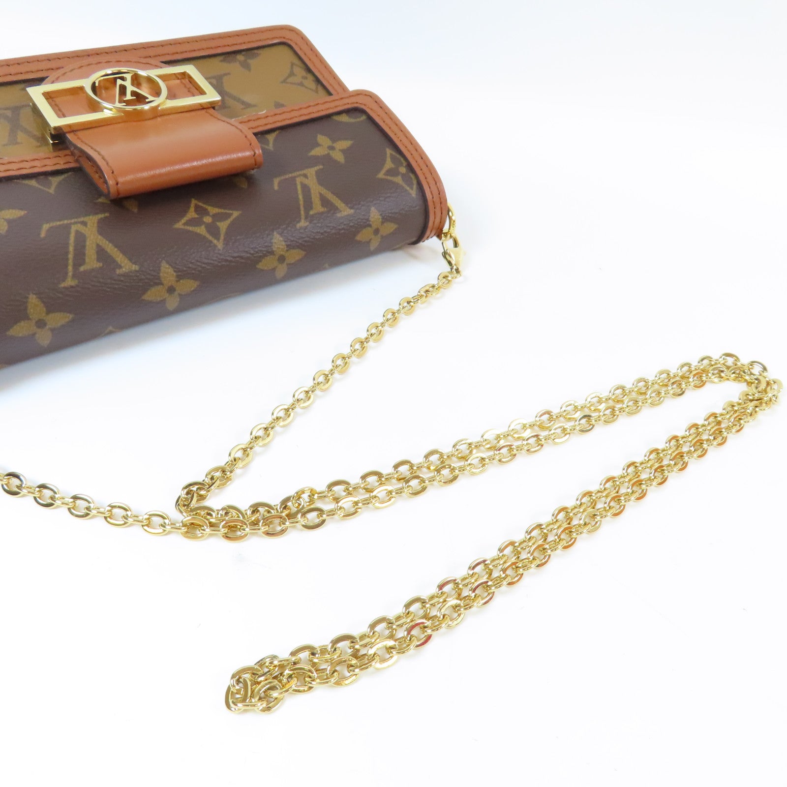 LOUIS VUITTON Monogram/Monogram Reverse Dauphine Chain Wallet金扣鍊帶肩背袋啡色