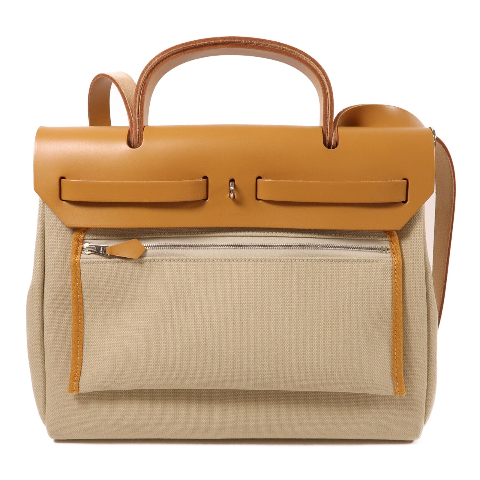 HERMES 帆布/皮革Herbag PM銀扣手挽肩背兩用袋Beton
