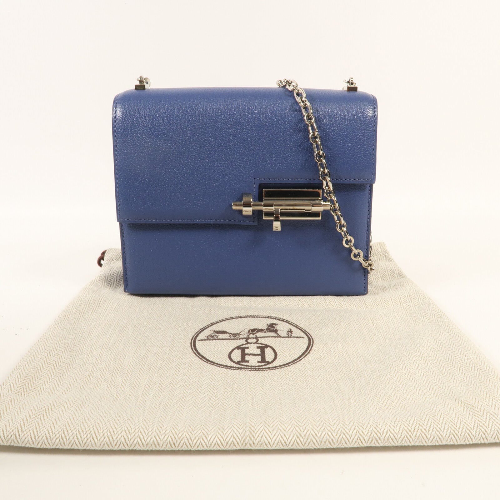 HERMES Chevre皮革Verrou Mini銀扣鏈帶肩背袋Bleu Brighton