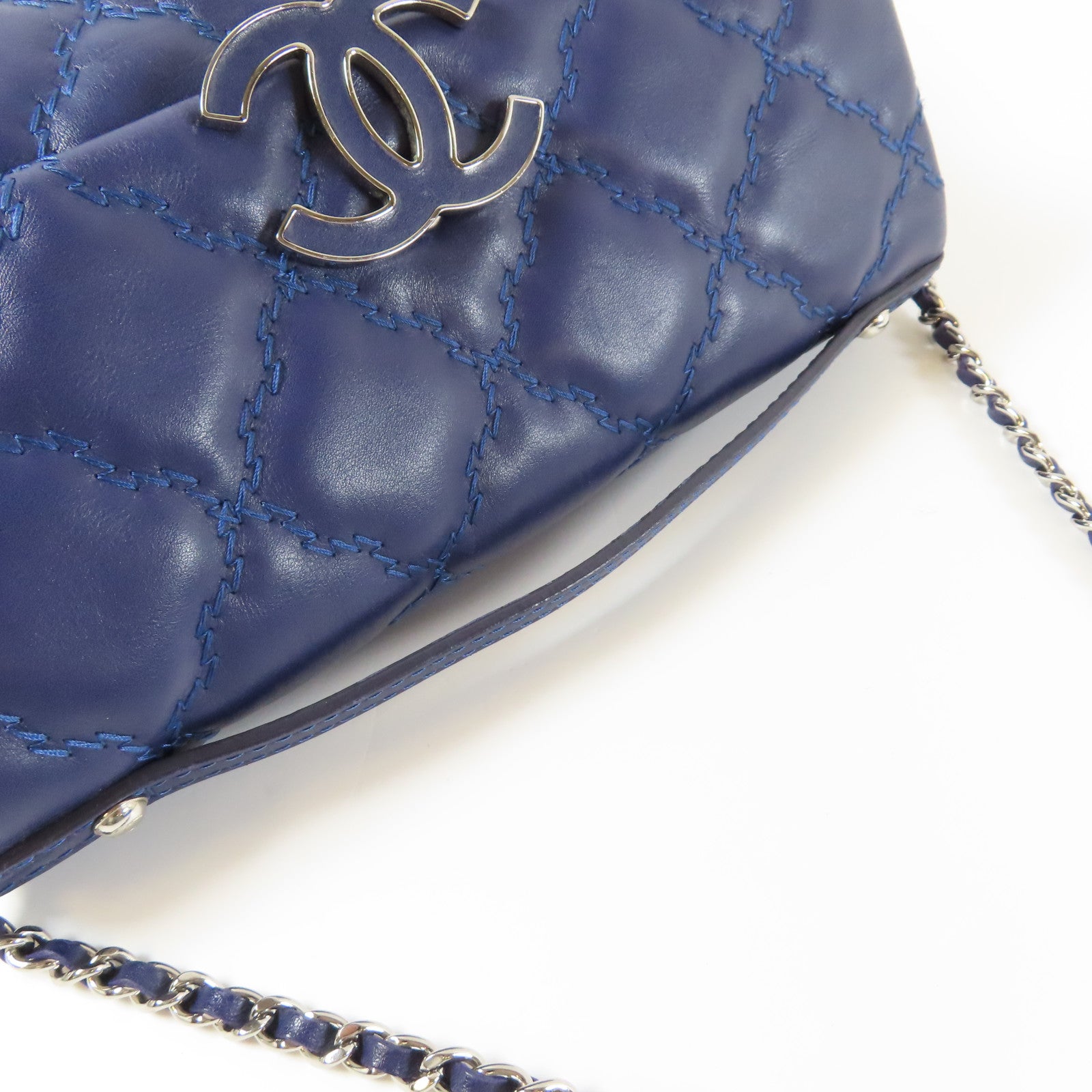 CHANEL 【激減優惠】菱格羊皮皮革Chain Shoulder銀扣鏈帶肩背袋藍色