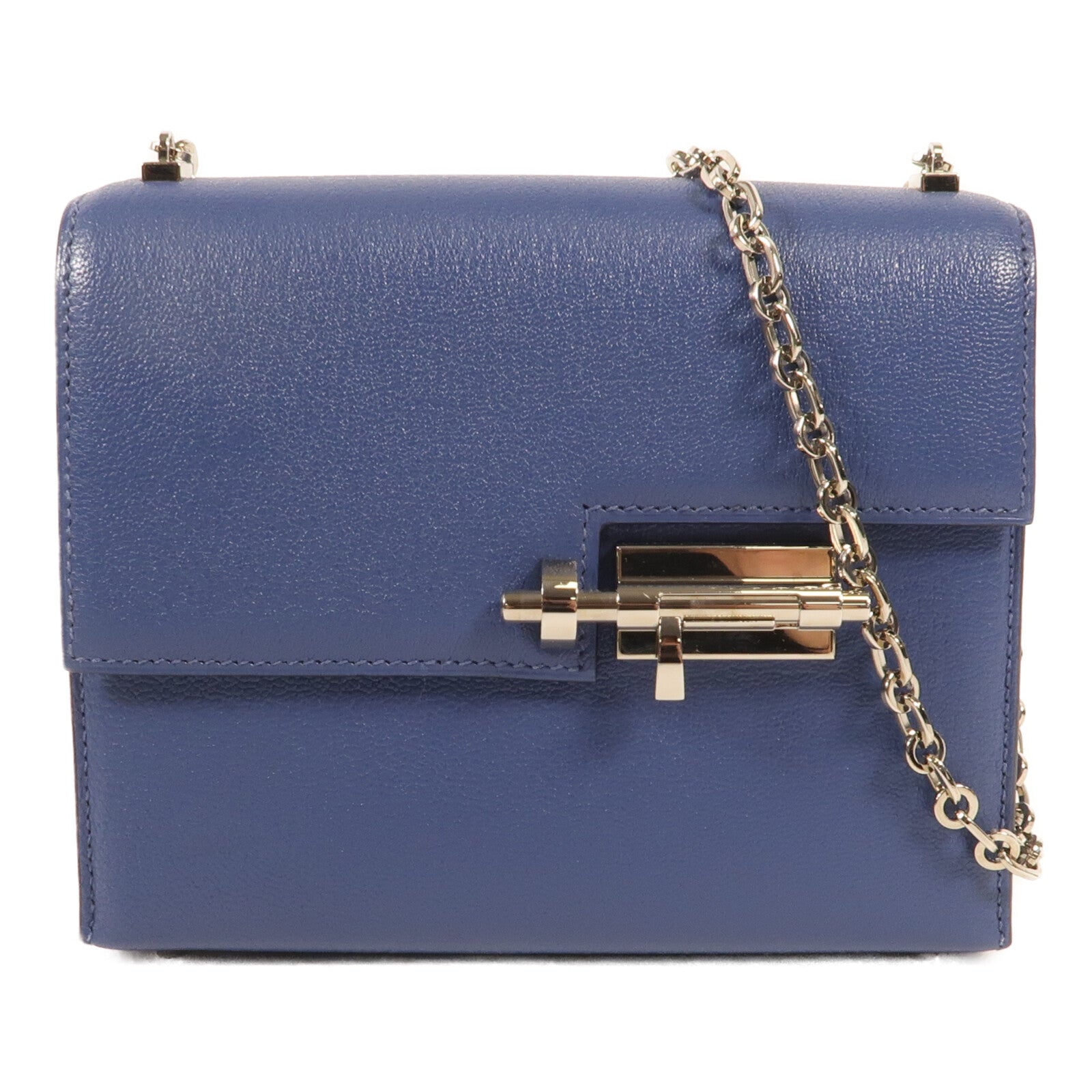 HERMES Chevre皮革Verrou Mini銀扣鏈帶肩背袋Bleu Brighton