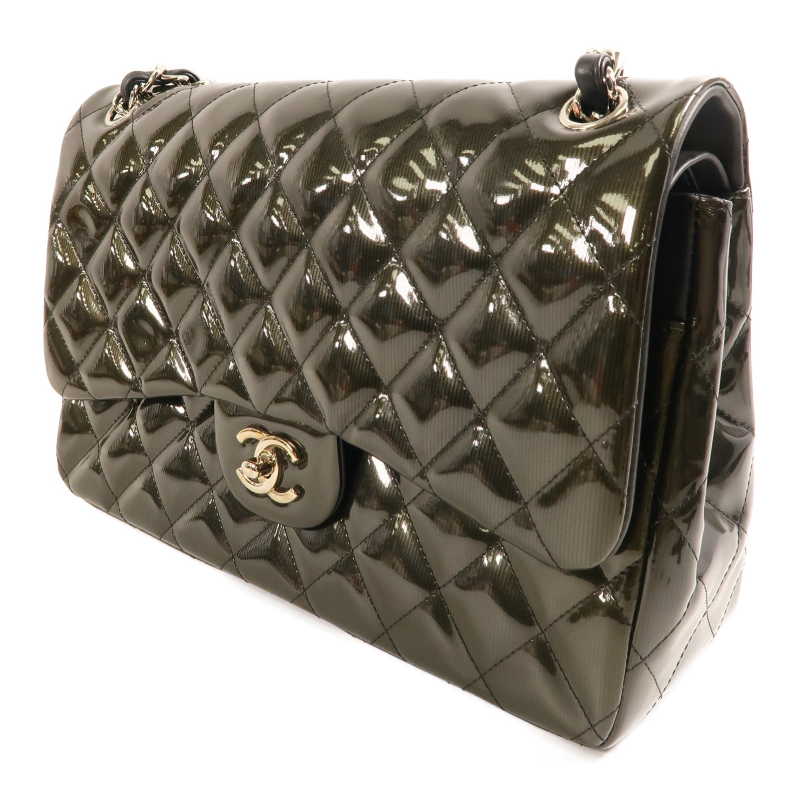 CHANEL 漆皮皮革Large Classic銀扣鏈帶肩背袋