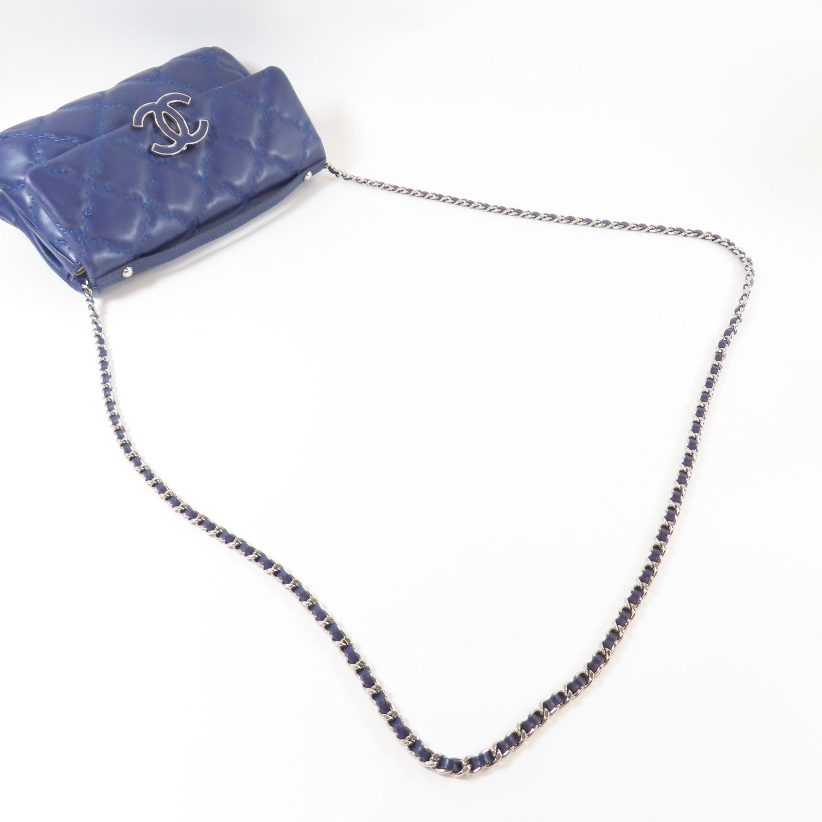 CHANEL 【激減優惠】菱格羊皮皮革Chain Shoulder銀扣鏈帶肩背袋藍色