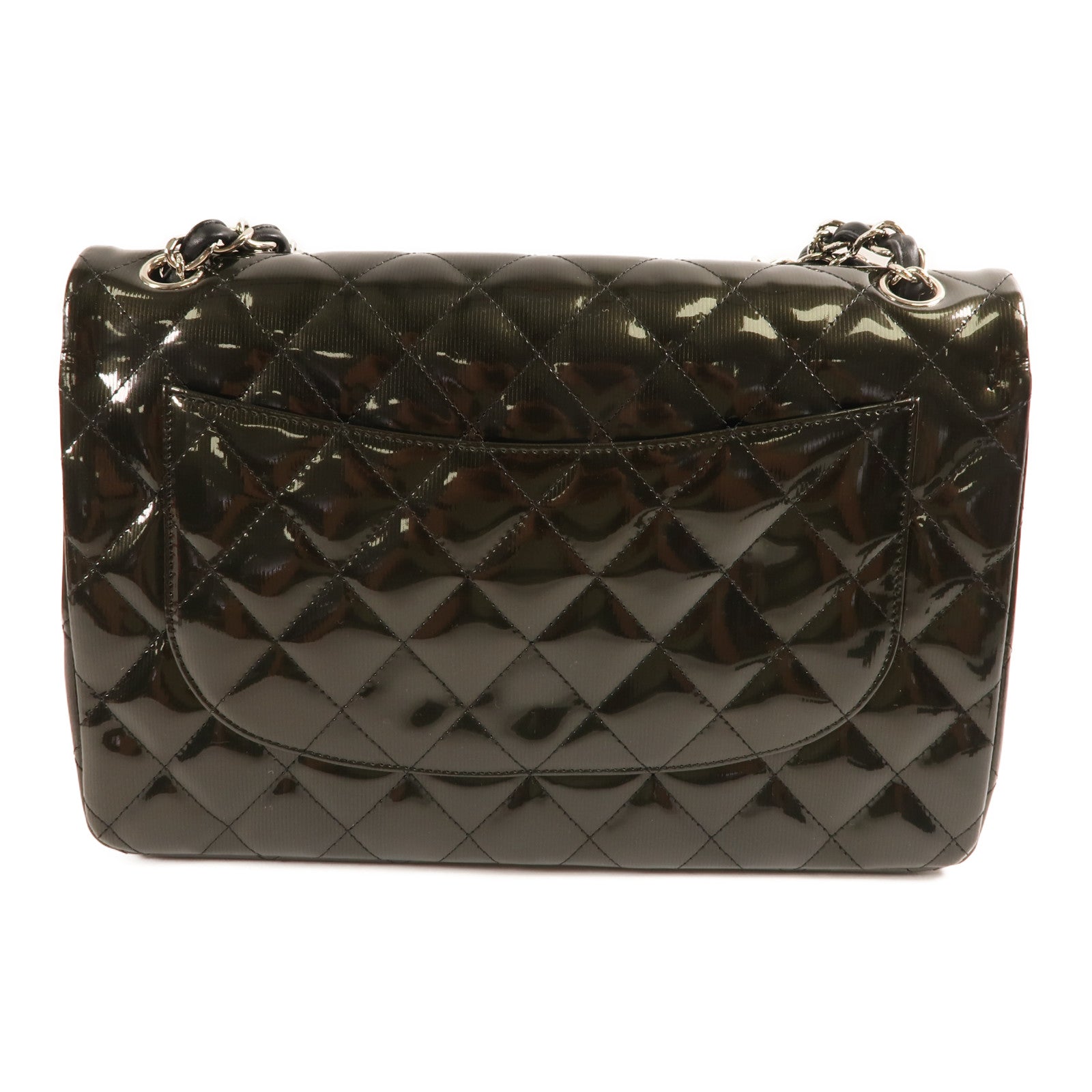 CHANEL 漆皮皮革Large Classic銀扣鏈帶肩背袋