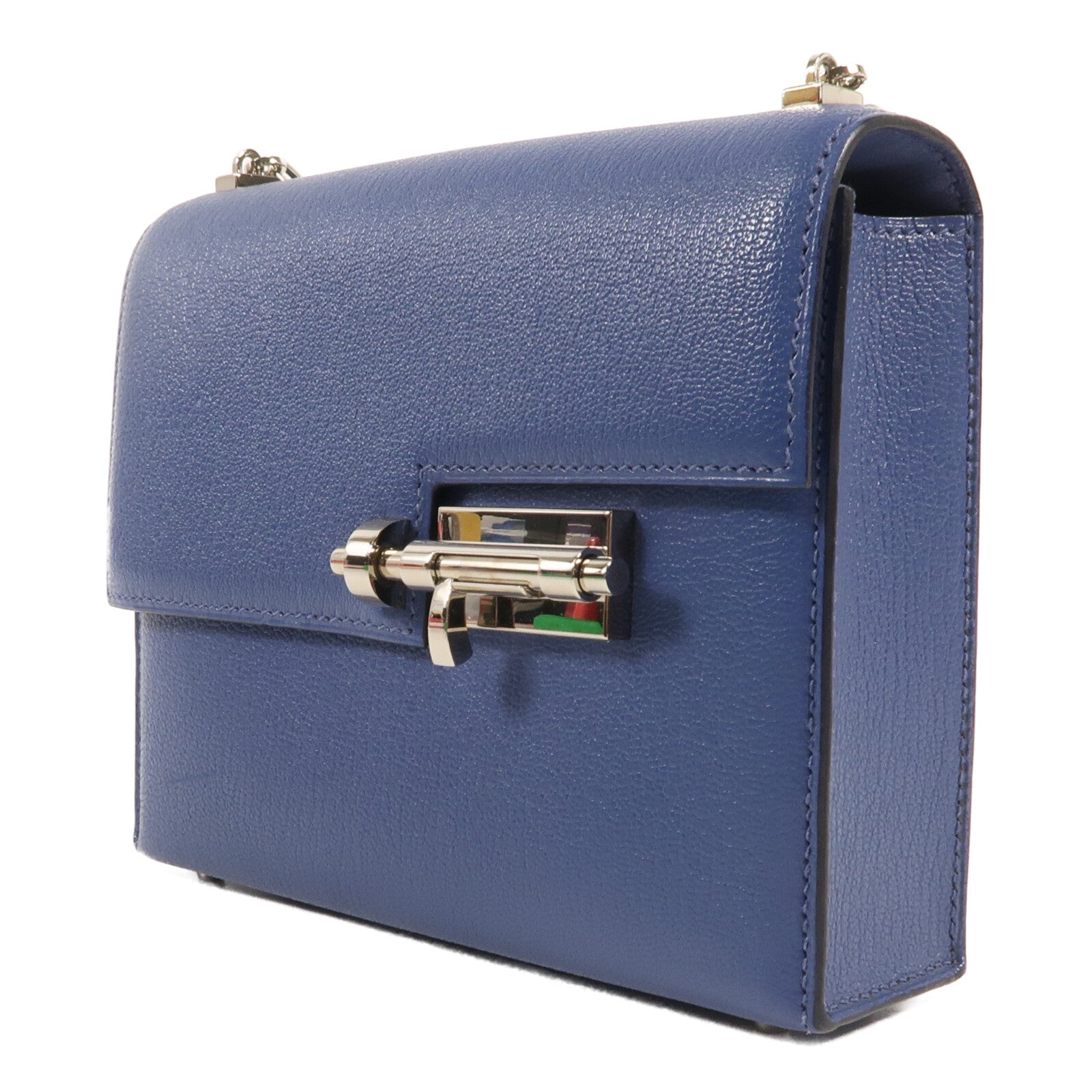 HERMES Chevre皮革Verrou Mini銀扣鏈帶肩背袋Bleu Brighton