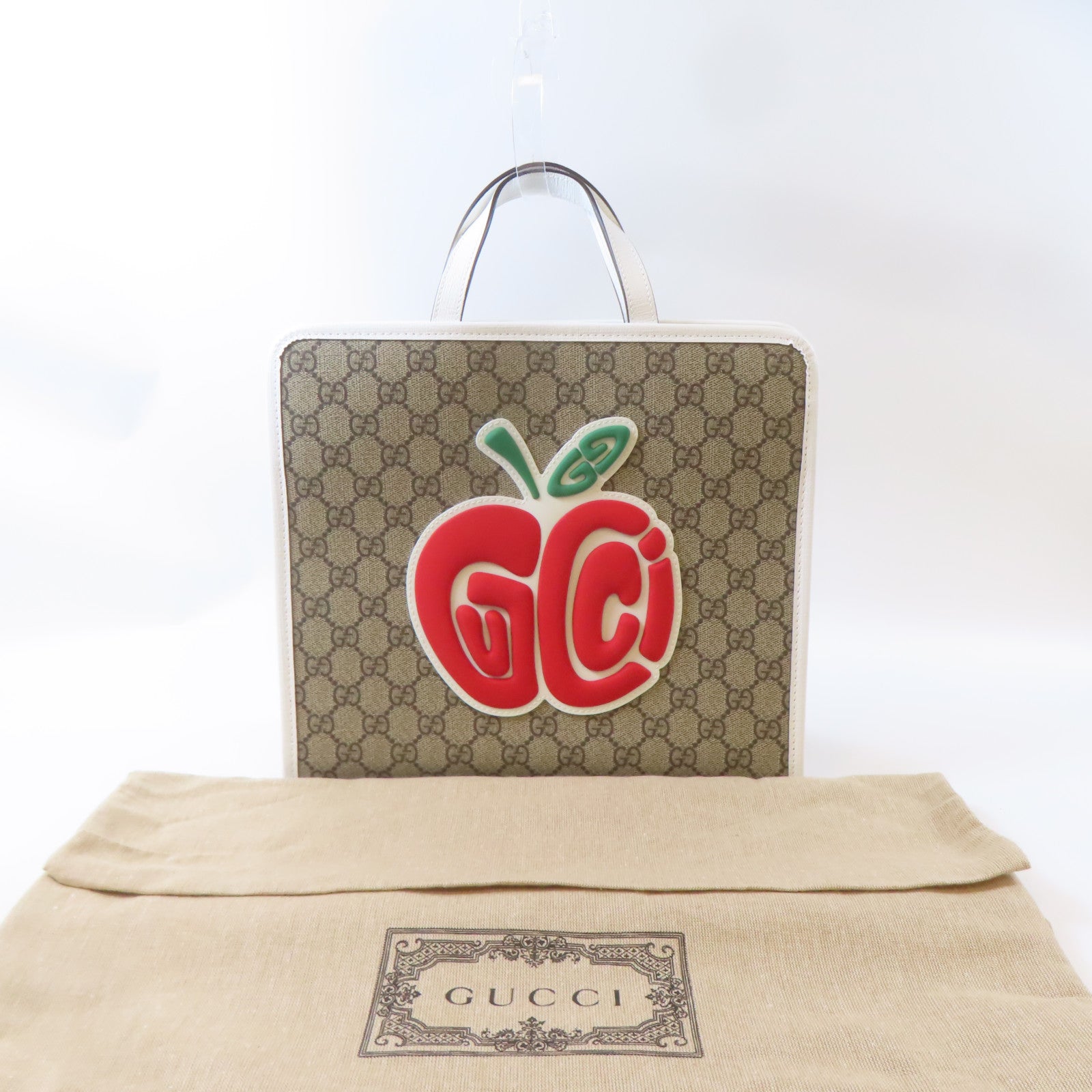 GUCCI 【激減優惠】塗層帆布GG Tote Bag銀扣手挽袋啡色/白色