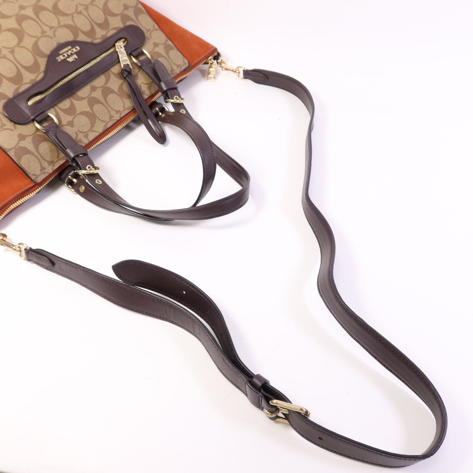 COACH 塗層帆布/麂皮皮革2 Way Shoulder Bag金扣手挽肩背兩用袋