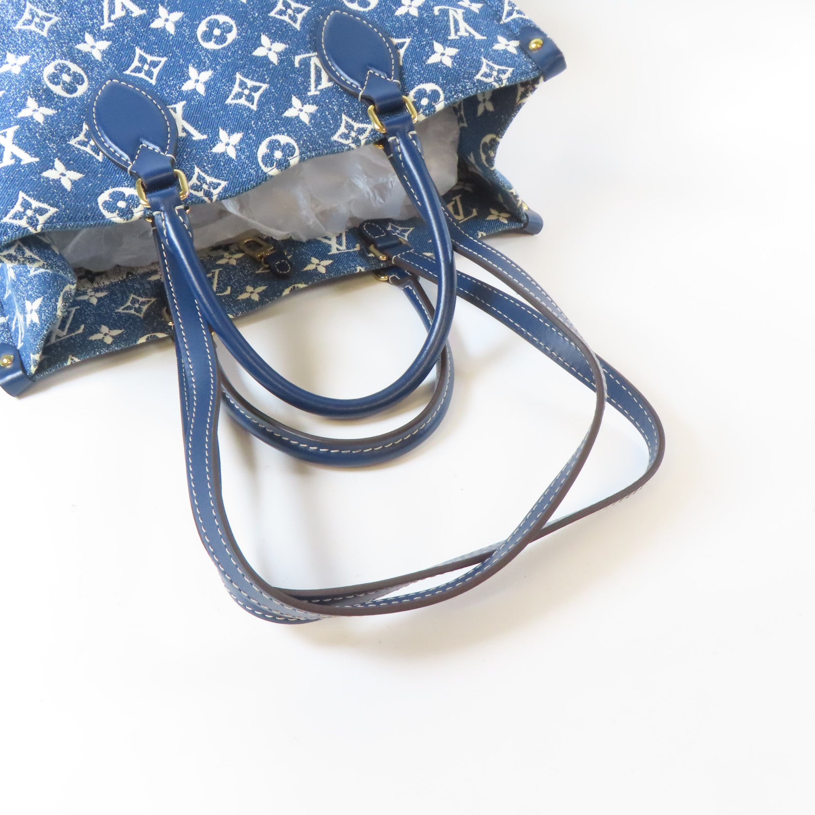 LOUIS VUITTON 牛仔布料On The Go MM金扣手挽肩背兩用袋藍色