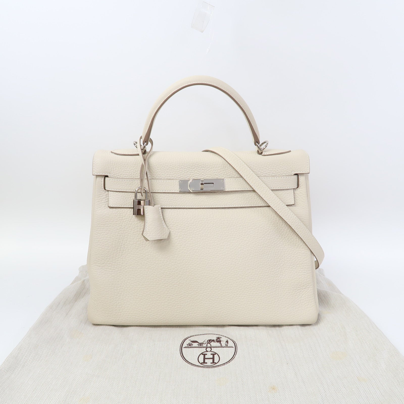 HERMES Clemence皮革Kelly 32銀扣手挽肩背兩用袋奶昔白色