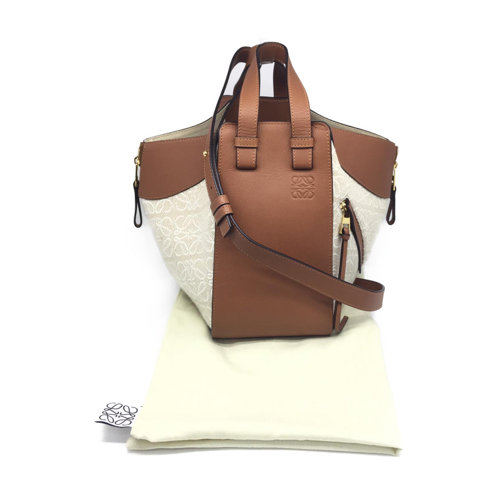 LOEWE 【激減優惠】帆布/牛皮皮革Anagram Hammock金扣手挽肩背兩用袋米色/啡色