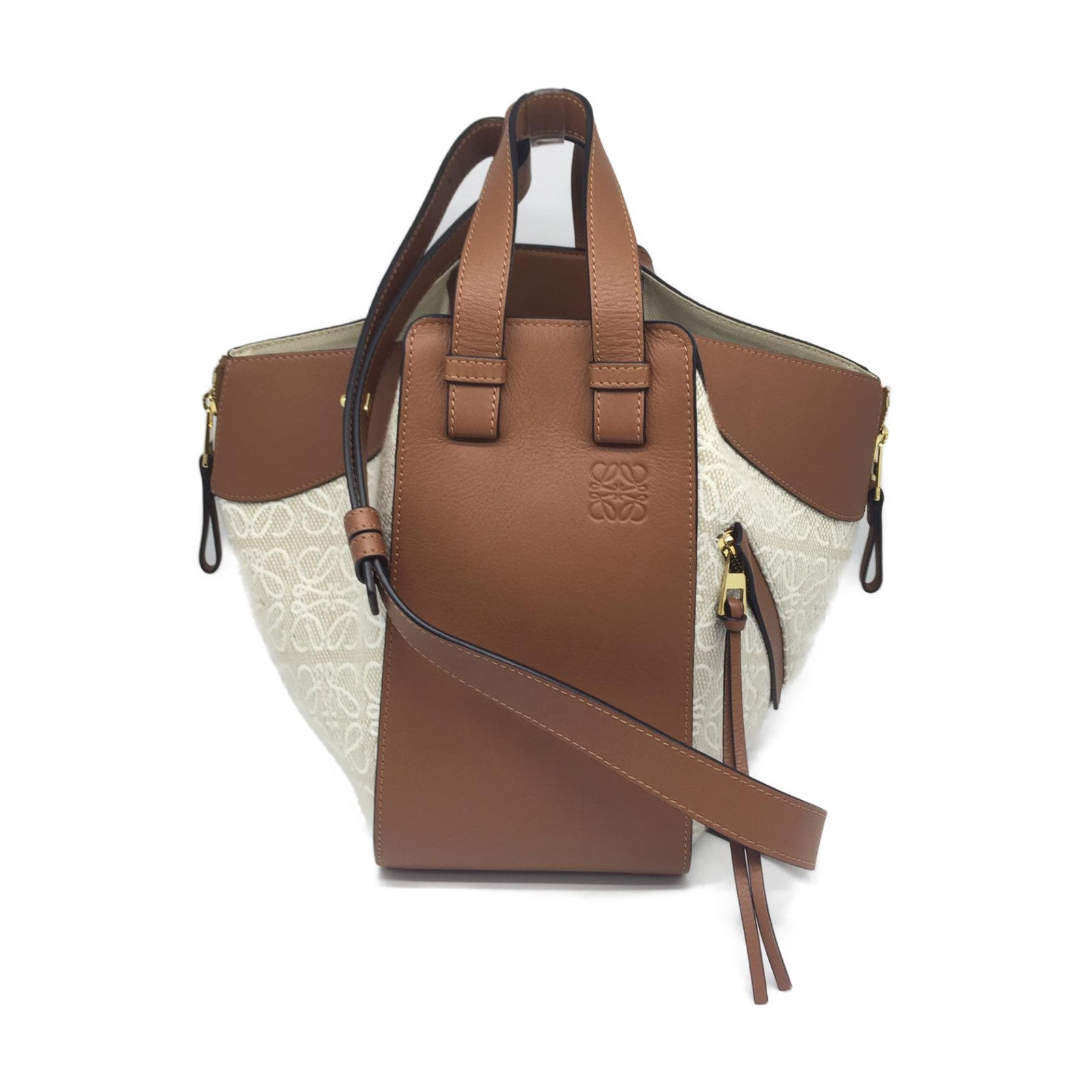 LOEWE 【激減優惠】帆布/牛皮皮革Anagram Hammock金扣手挽肩背兩用袋米色/啡色