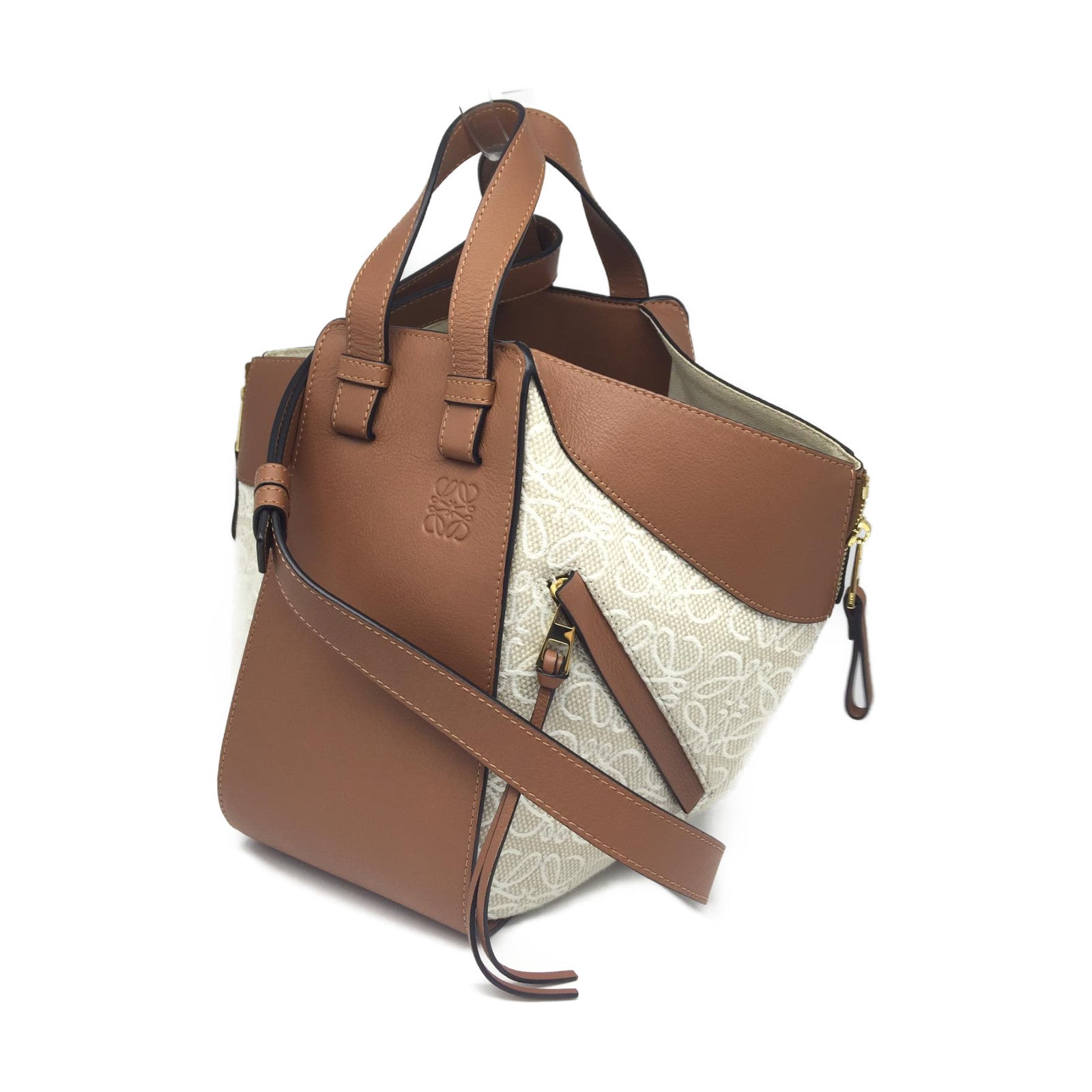LOEWE 【激減優惠】帆布/牛皮皮革Anagram Hammock金扣手挽肩背兩用袋米色/啡色