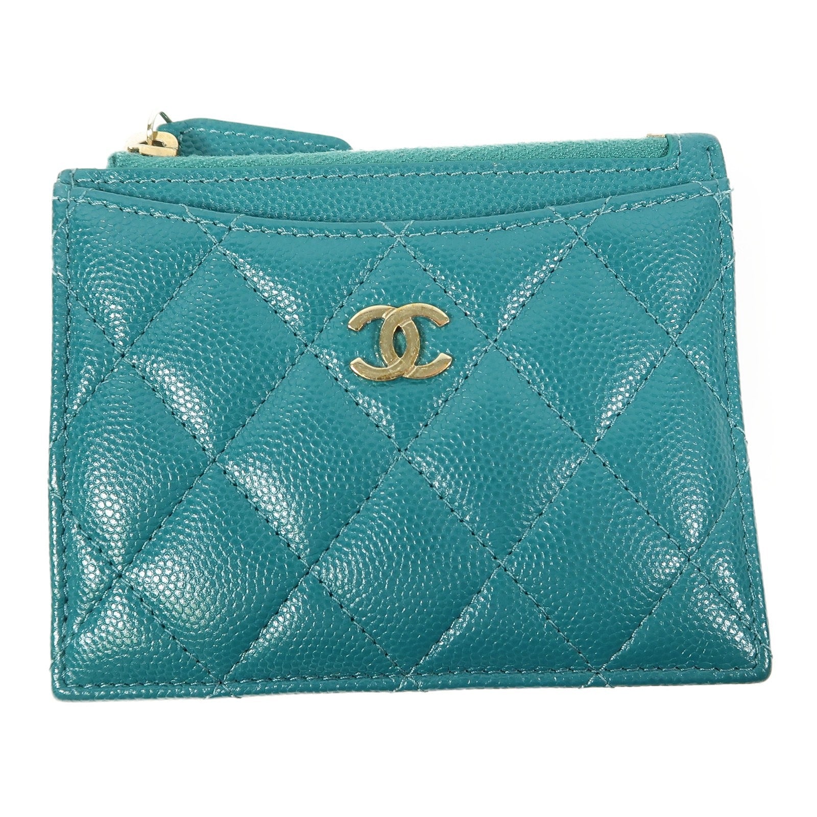 CHANEL 菱格Caviar皮革Coin Case金扣零錢包綠色