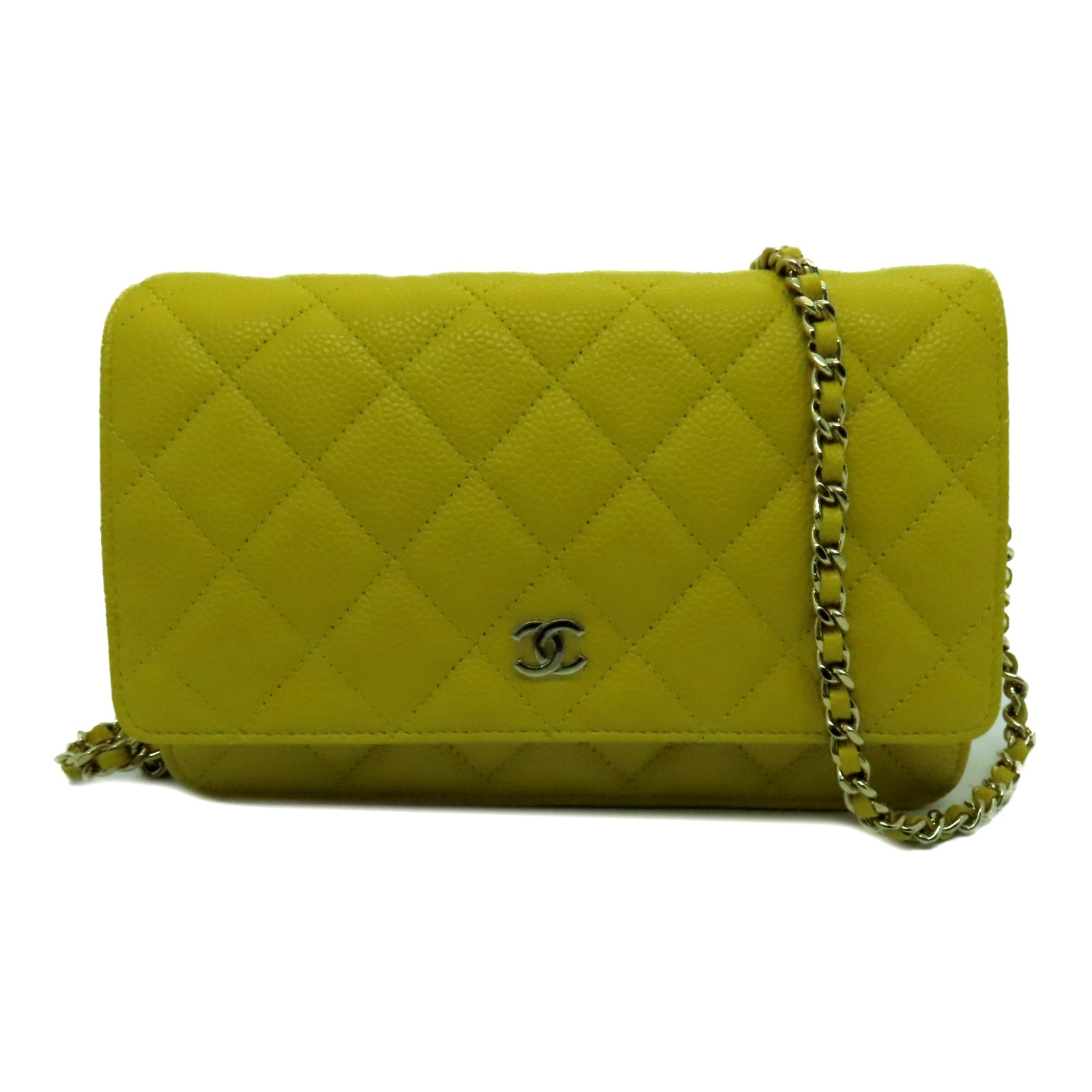 CHANEL Caviar皮革WOC Chain Shoulder金扣鏈帶肩背袋黃色