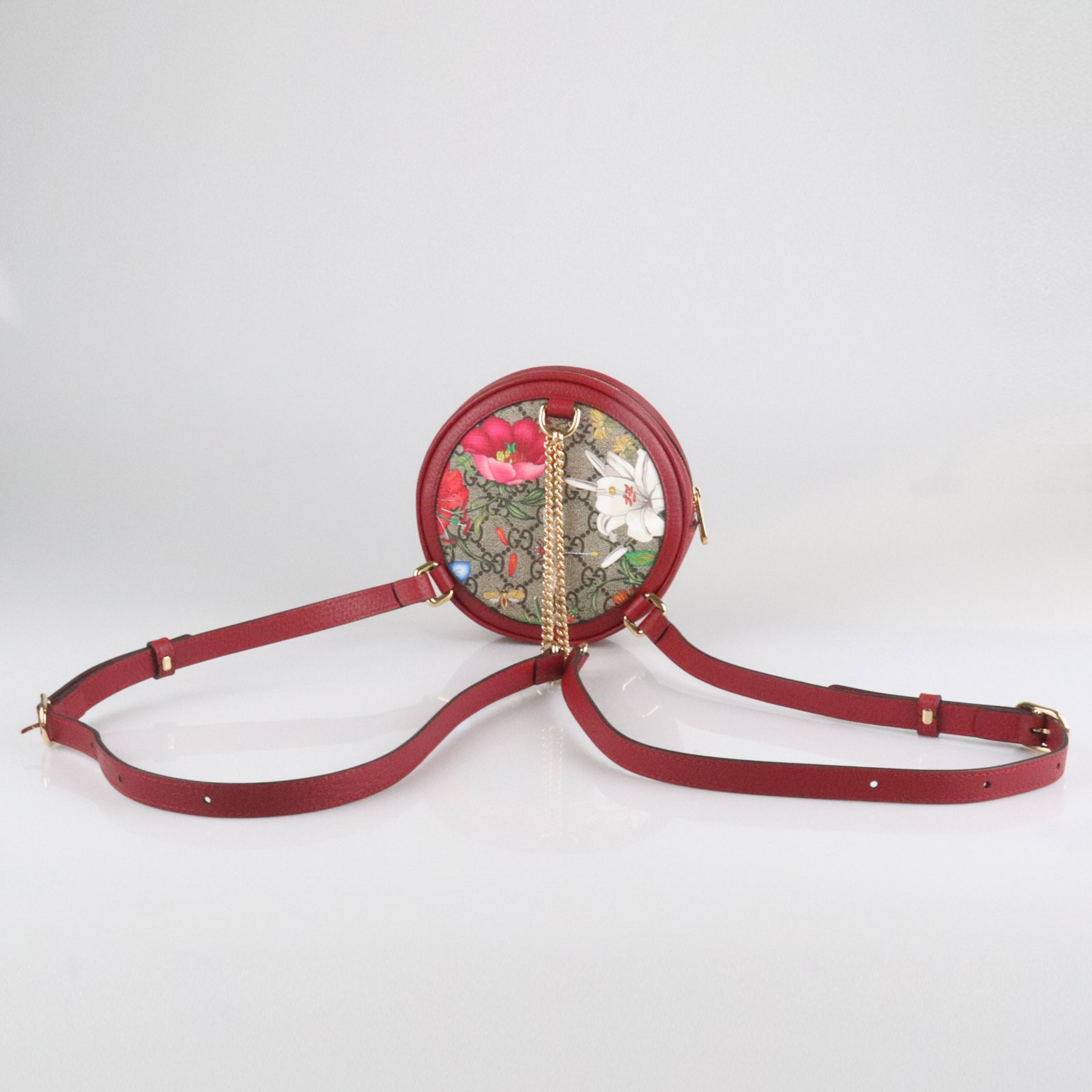 GUCCI 涂层帆布Ophidia Floral Round Backpack Bag金扣肩背袋红色