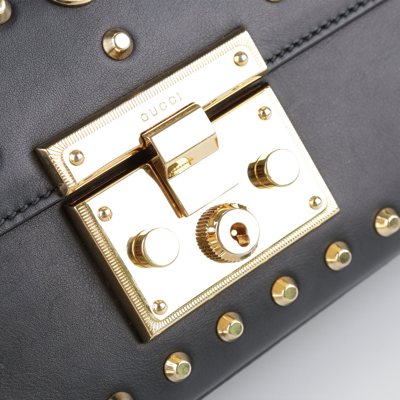GUCCI Leather Padlock Studded Gold Buckle Shoulder Bag Black