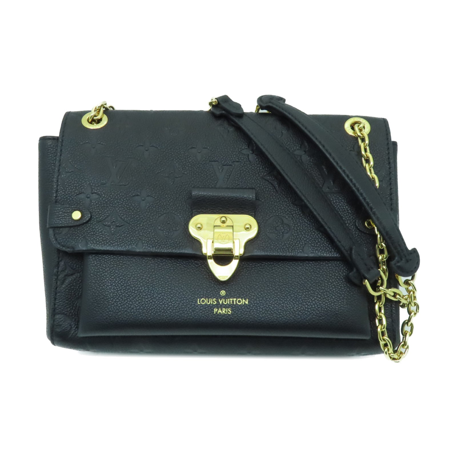 LOUIS VUITTON Monogram Empreinte Vavin PM金扣鏈帶肩背袋深藍色