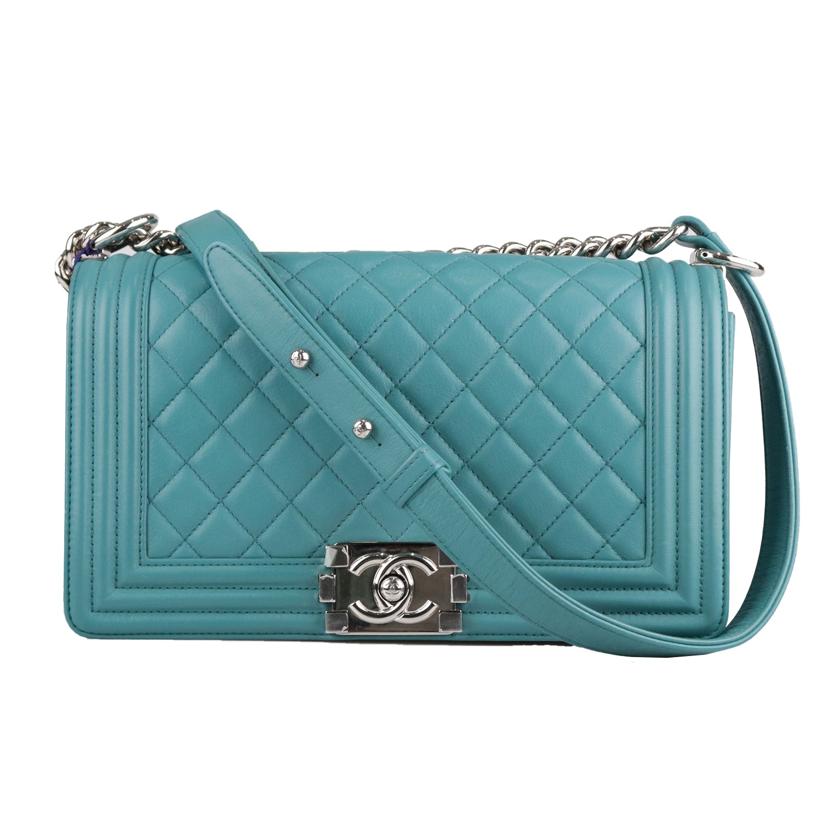CHANEL diamond lambskin leather Boy Chanel silver buckle shoulder bag blue