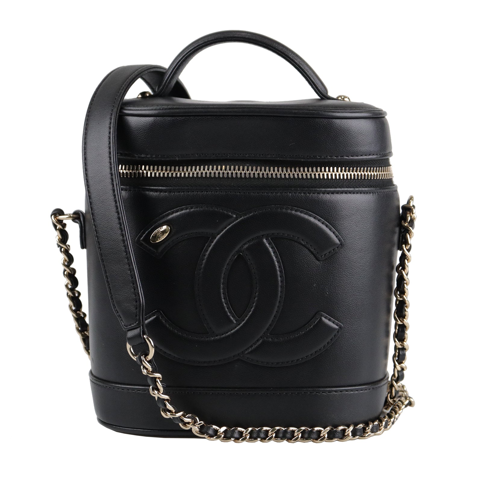 CHANEL Sheepskin Leather Vanity Gold Buckle Handle Shoulder Bag Black