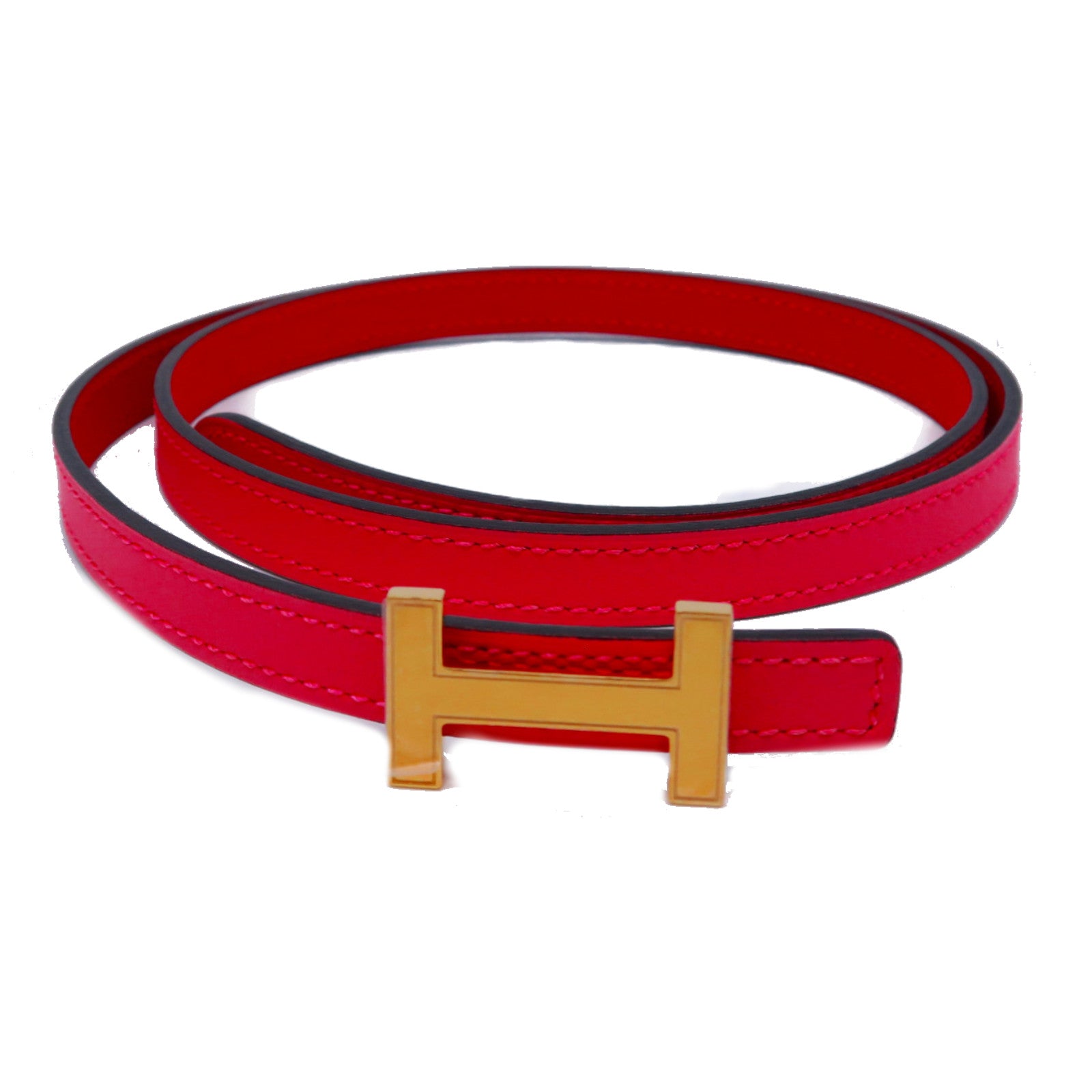 HERMES Epsom/Swift皮革Belt 92cm金扣皮带蕃茄红色/桃色