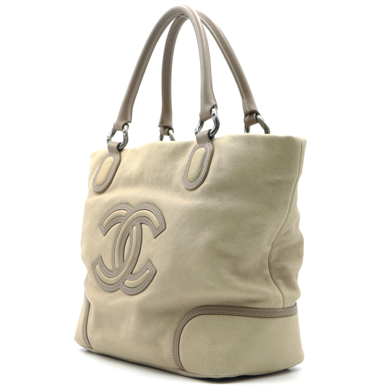 CHANEL 【激減優惠】皮革Tote Shoulder Bag銀扣手挽袋/肩背袋米色