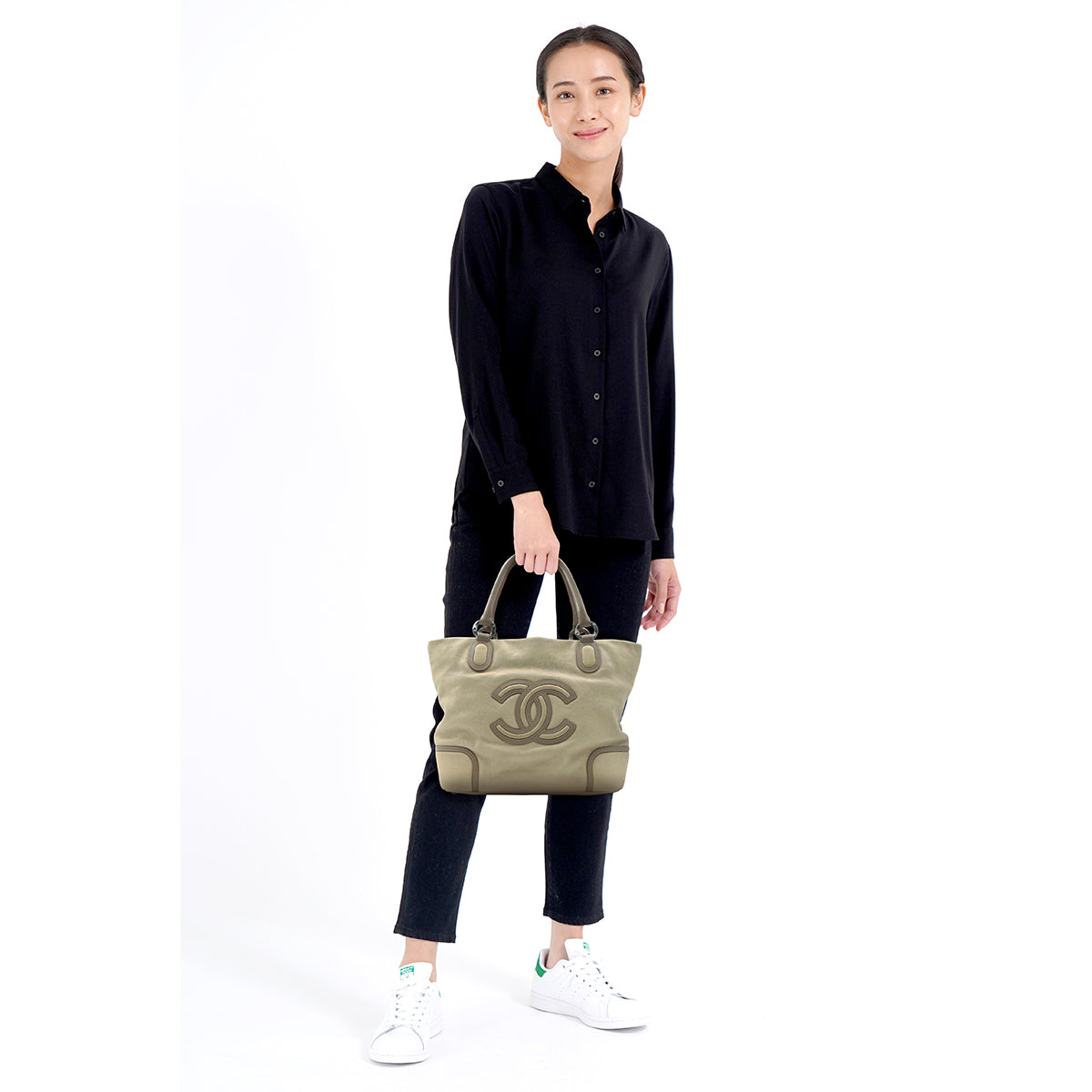 CHANEL 【激減優惠】皮革Tote Shoulder Bag銀扣手挽袋/肩背袋米色