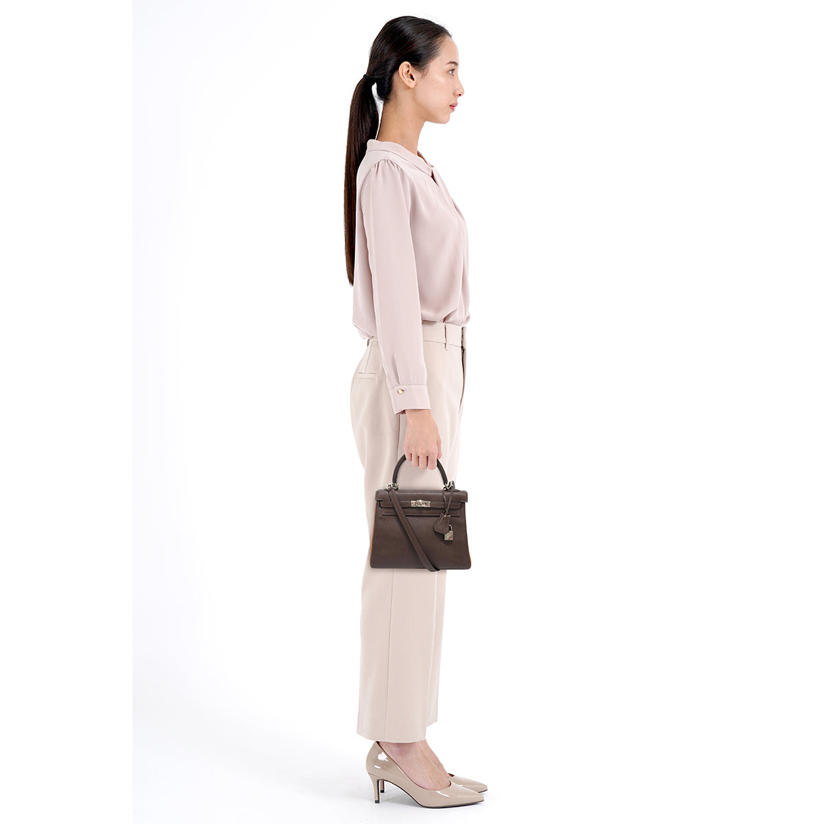 HERMES 【激減優惠】Epsom皮革Kelly 25銀扣手挽肩背兩用袋啡色
