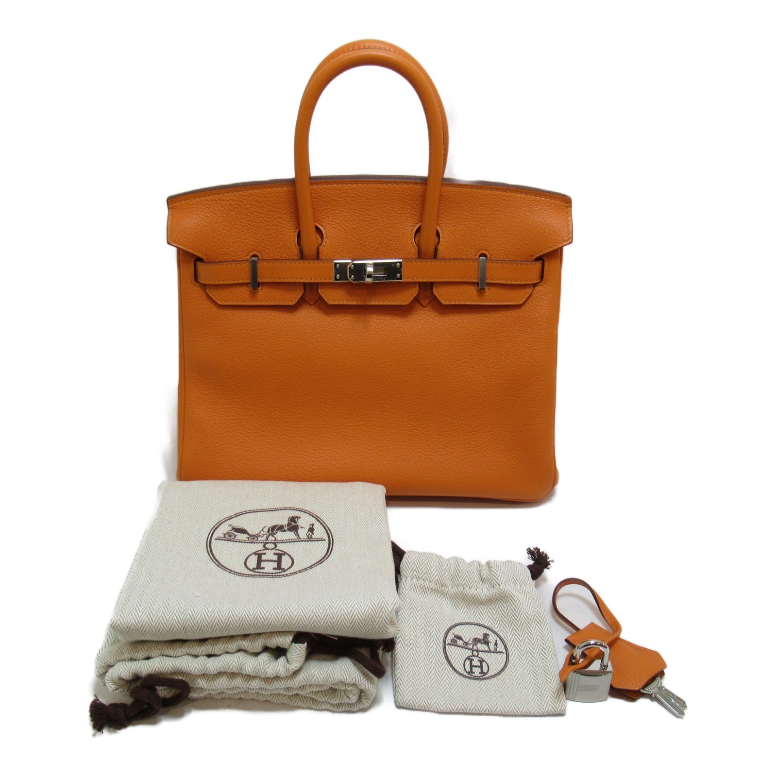 HERMES 【激減優惠】Clemence皮革Birkin 25銀扣手挽袋橙色/Apricot