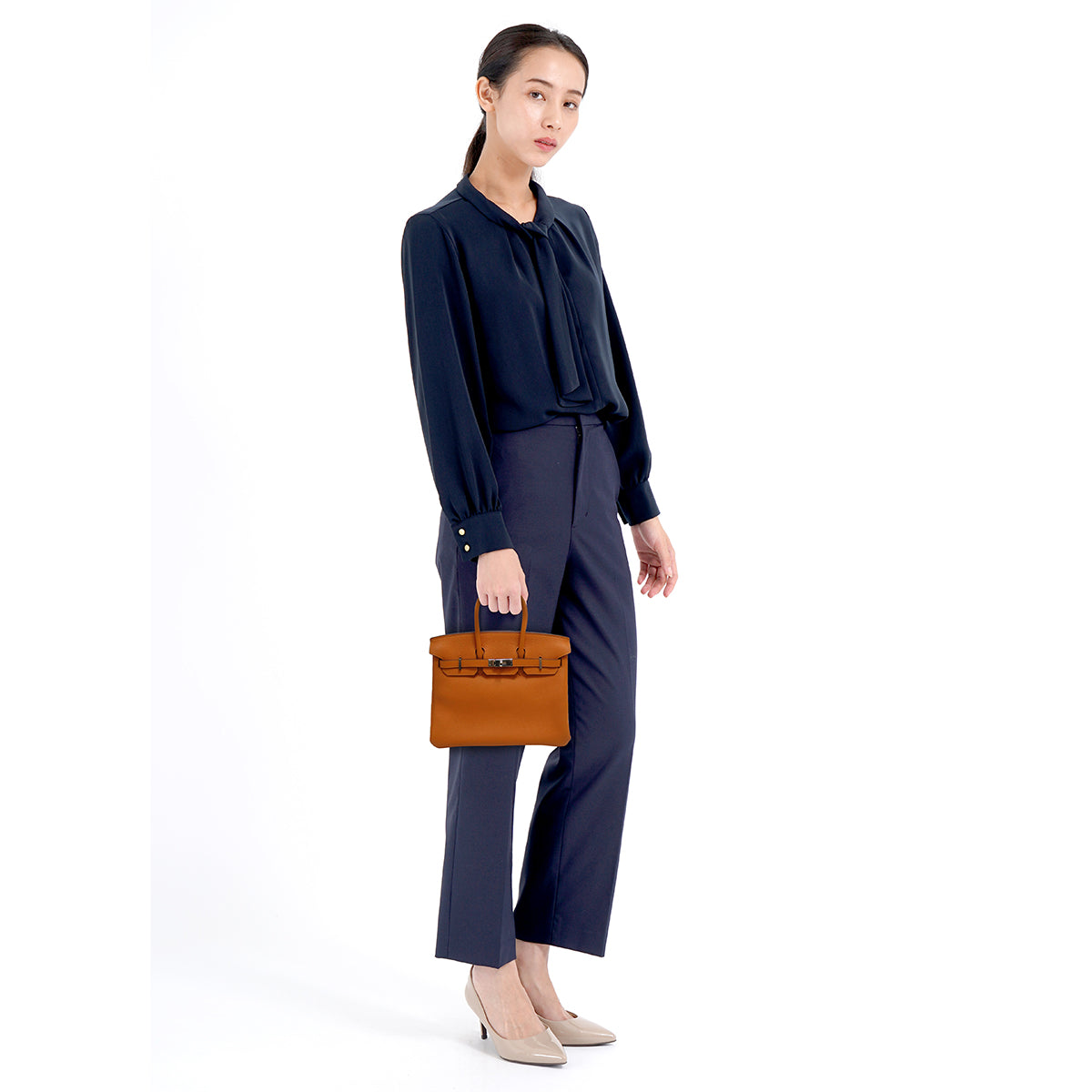 HERMES 【激減優惠】Clemence皮革Birkin 25銀扣手挽袋橙色/Apricot