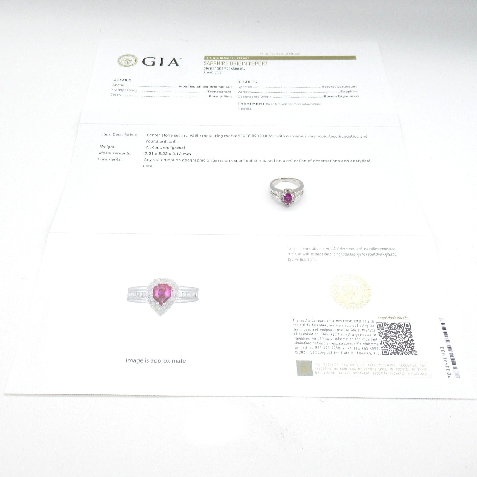 JEWELRY 18K White Gold 0.933ct Purple Pink Sapphire/0.65ct Diamond Ring US#6